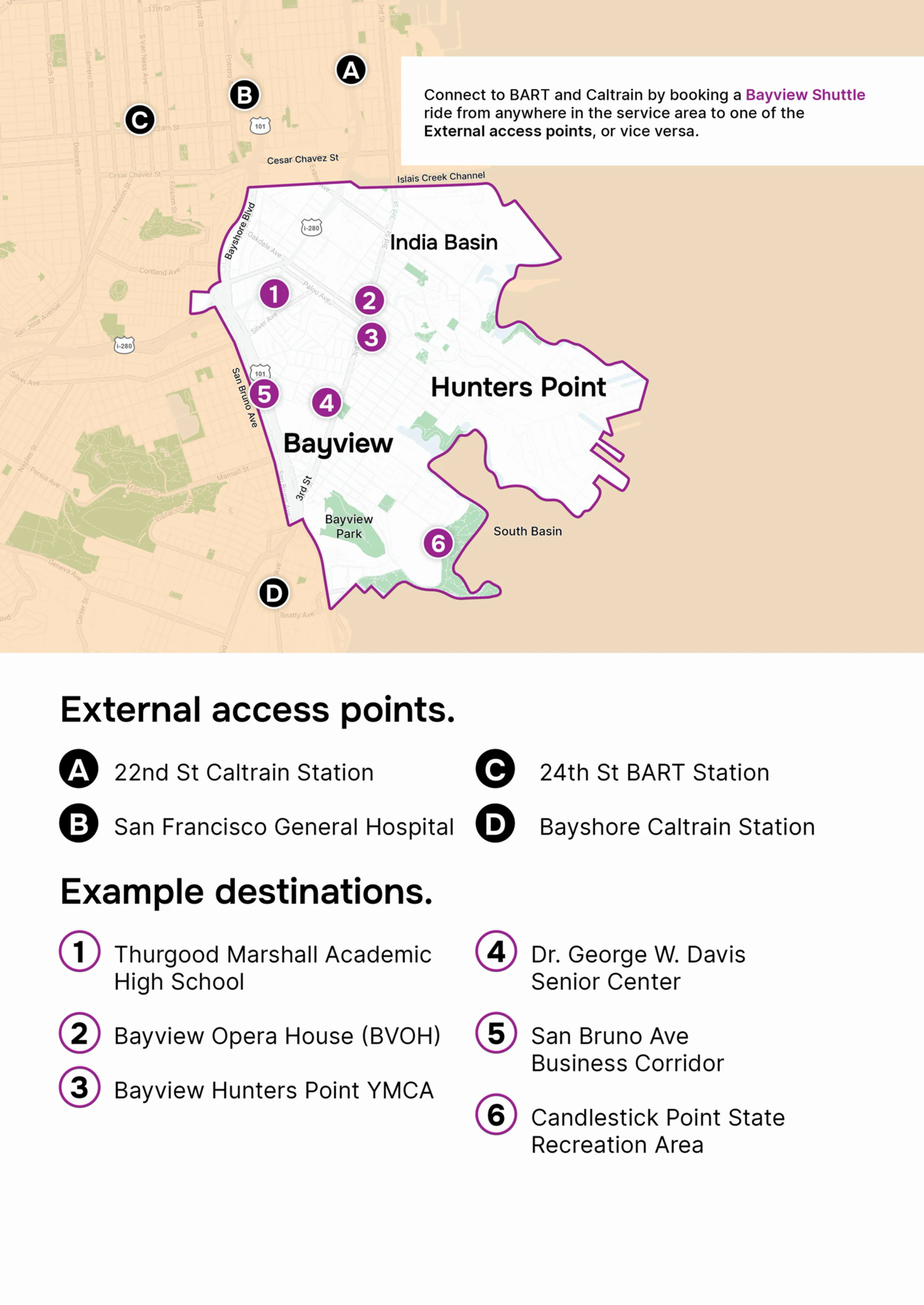 The image shows a map of Bayview-Hunters Point highlighting shuttle access points and destinations like schools and parks, with stations labeled A-D for transport connectivity.
