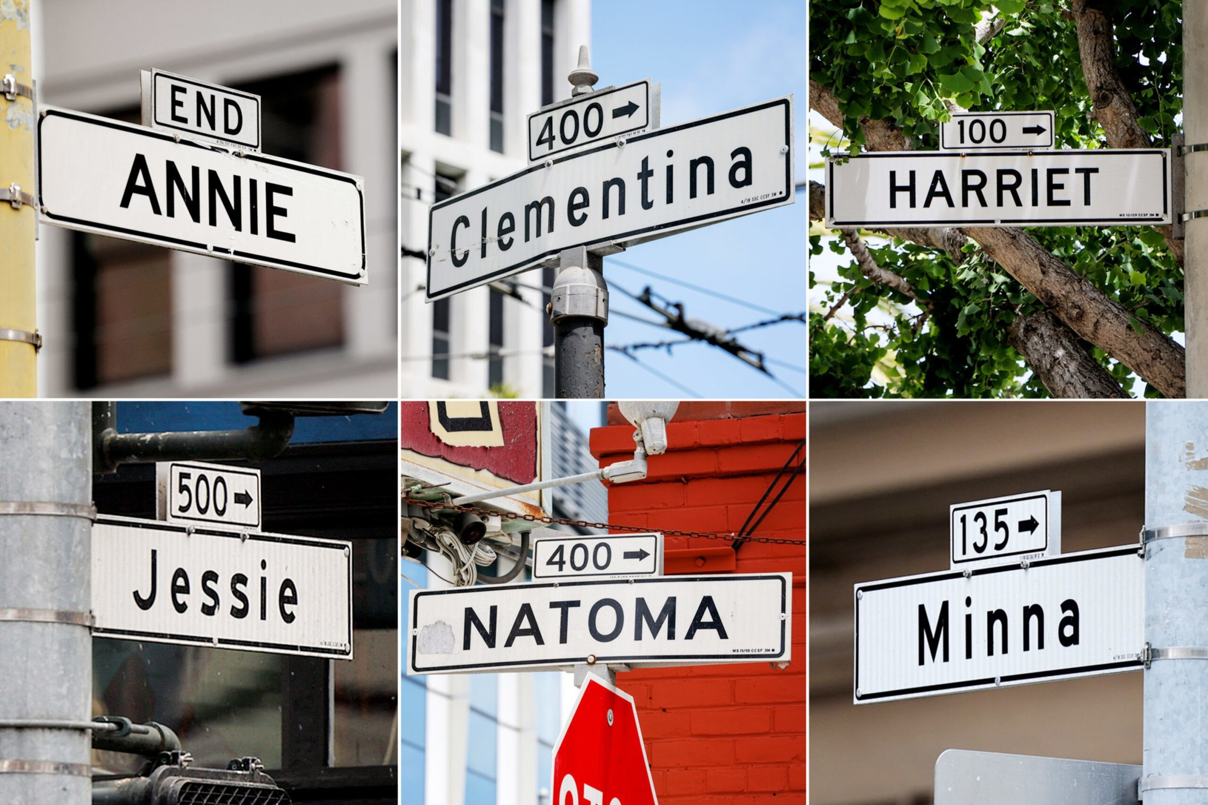 Street signs display the names Annie, Clementina, Harriet, Jessie, Natoma, and Minna, each with directional or block number indicators.
