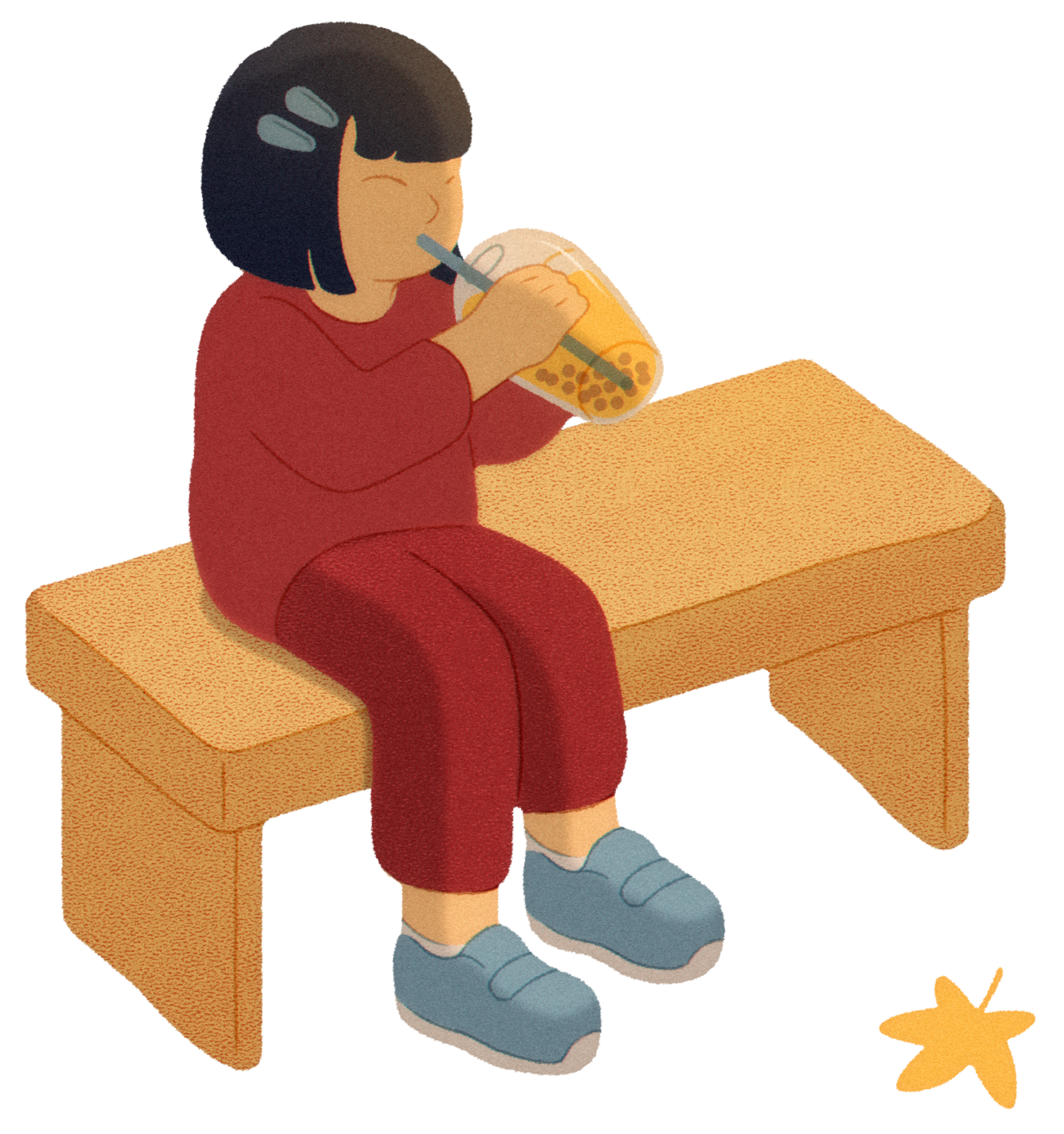 A person with short black hair wearing a red outfit sits on a wooden bench, drinking bubble tea with a blue straw, near a fallen yellow leaf.