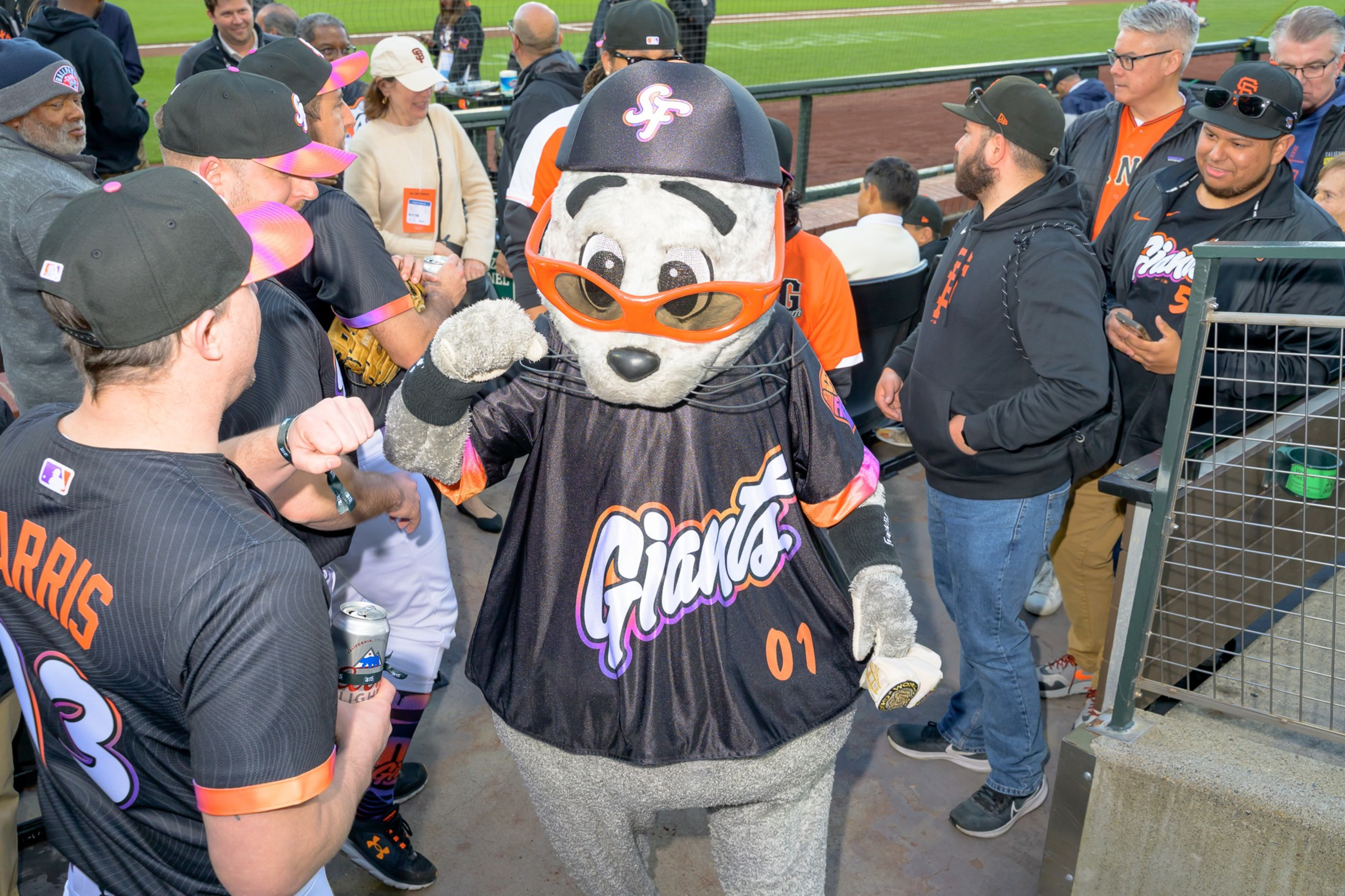 A baseball mascot wearing a &quot;Giants&quot; jersey and sunglasses fist bumps a person in a group of people. They're gathered near a baseball field.