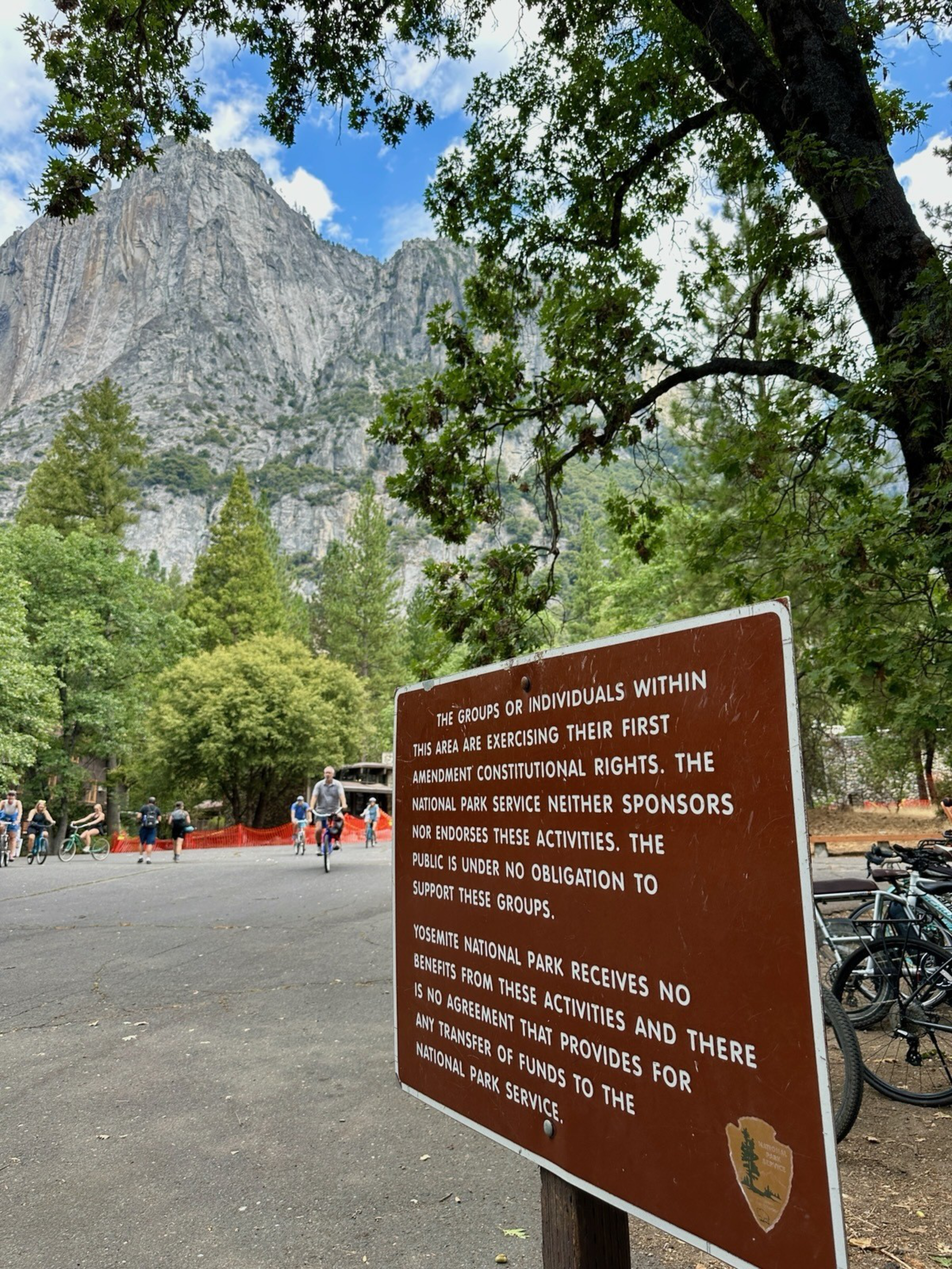 A brown sign in Yosemite warns that groups exercising First Amendment rights are not sponsored by the park, with mountains and trees in the background.