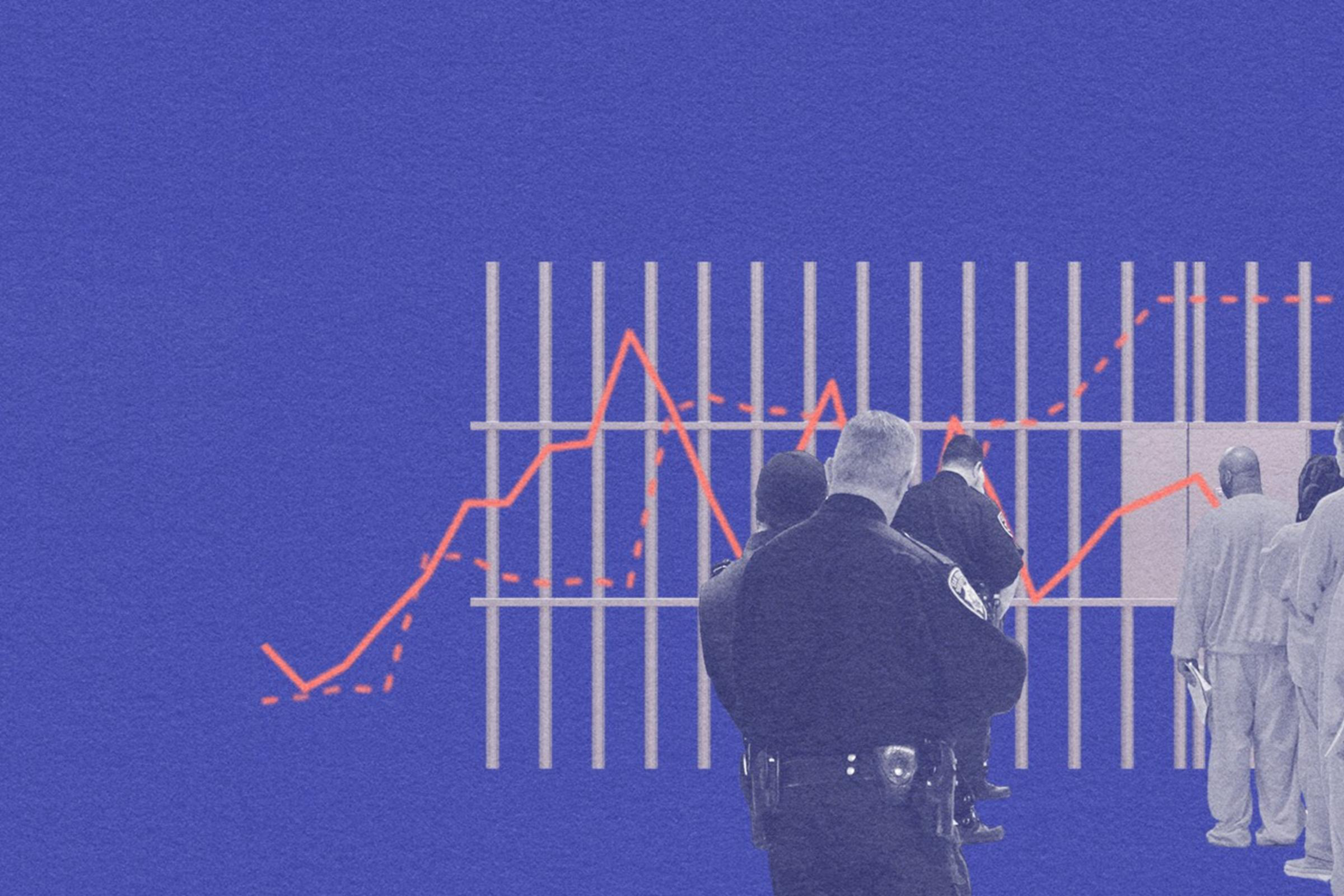 A photo illustration of men walking into a jail