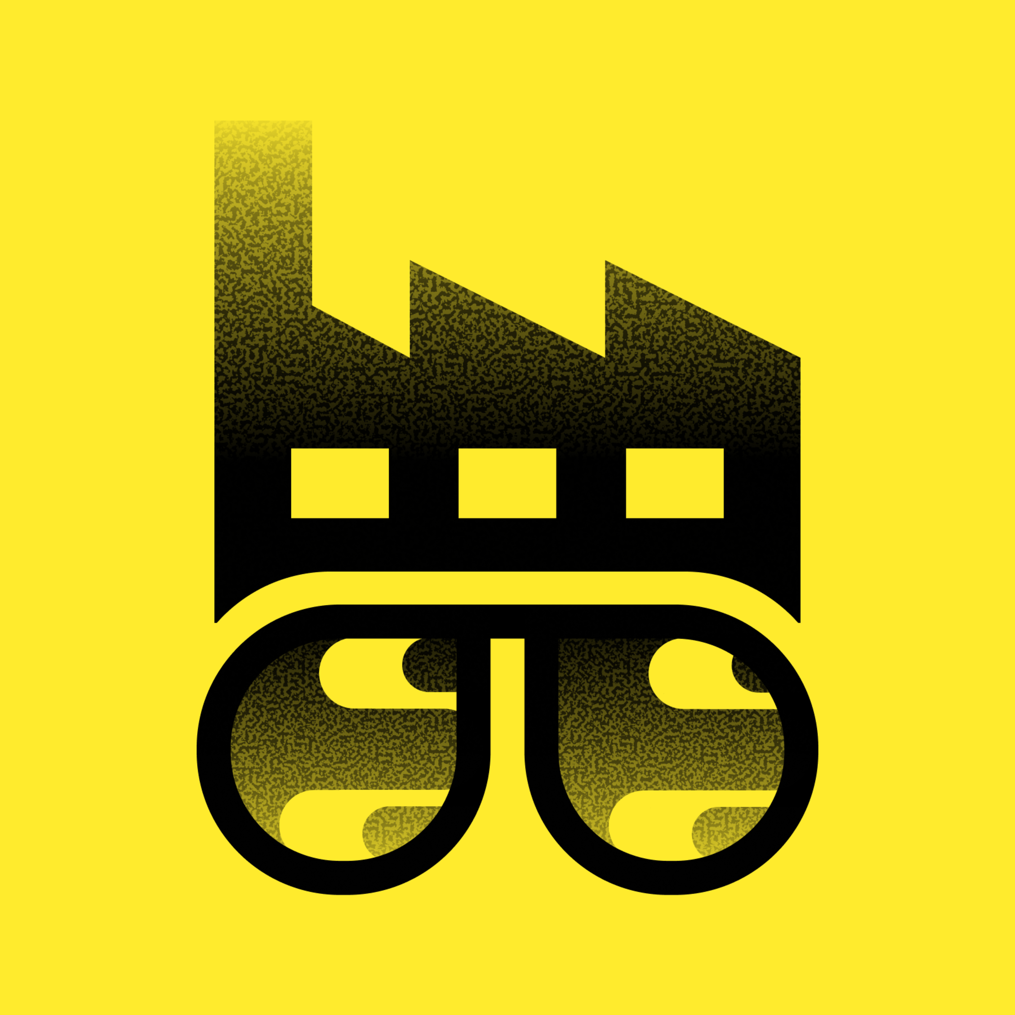 A black factory silhouette with three windows and smokestacks sits above a stylized pair of glasses on a yellow background.