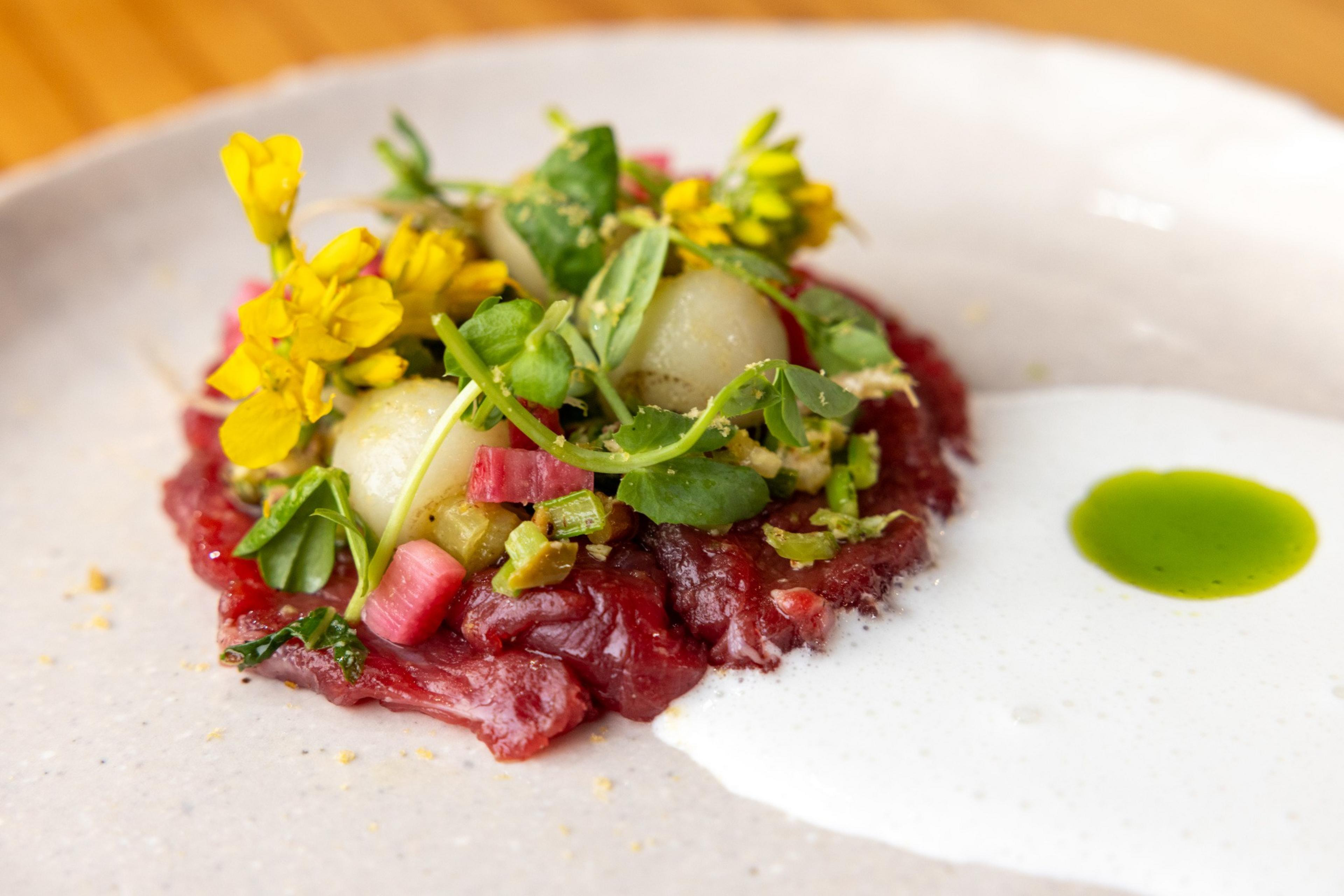 A plate of beef tartare topped with green apple, herbs, edible flowers, and rhubarb, with a drizzle of green sauce.