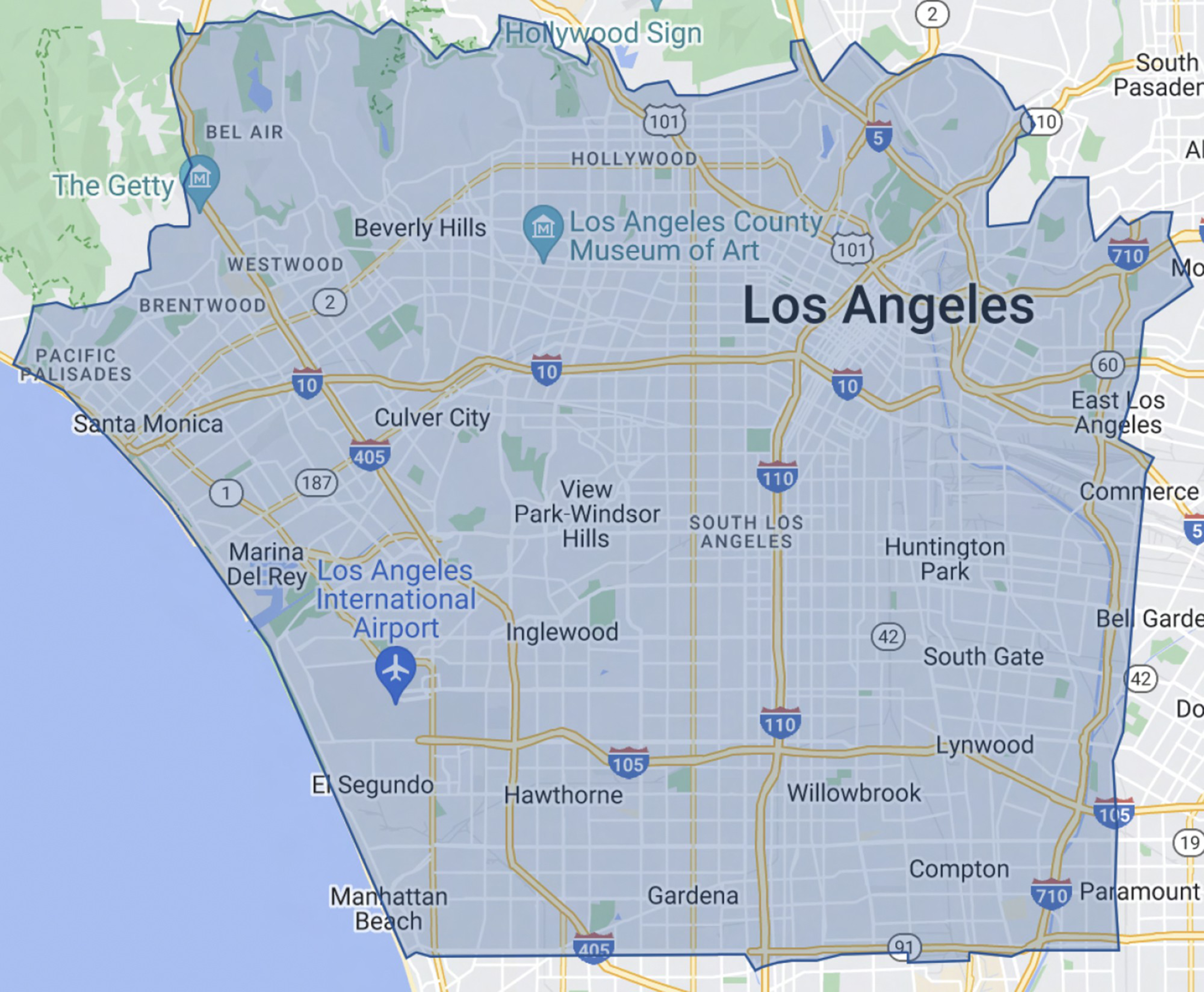Screenshot of map of Waymo's proposed Los Angeles coverage