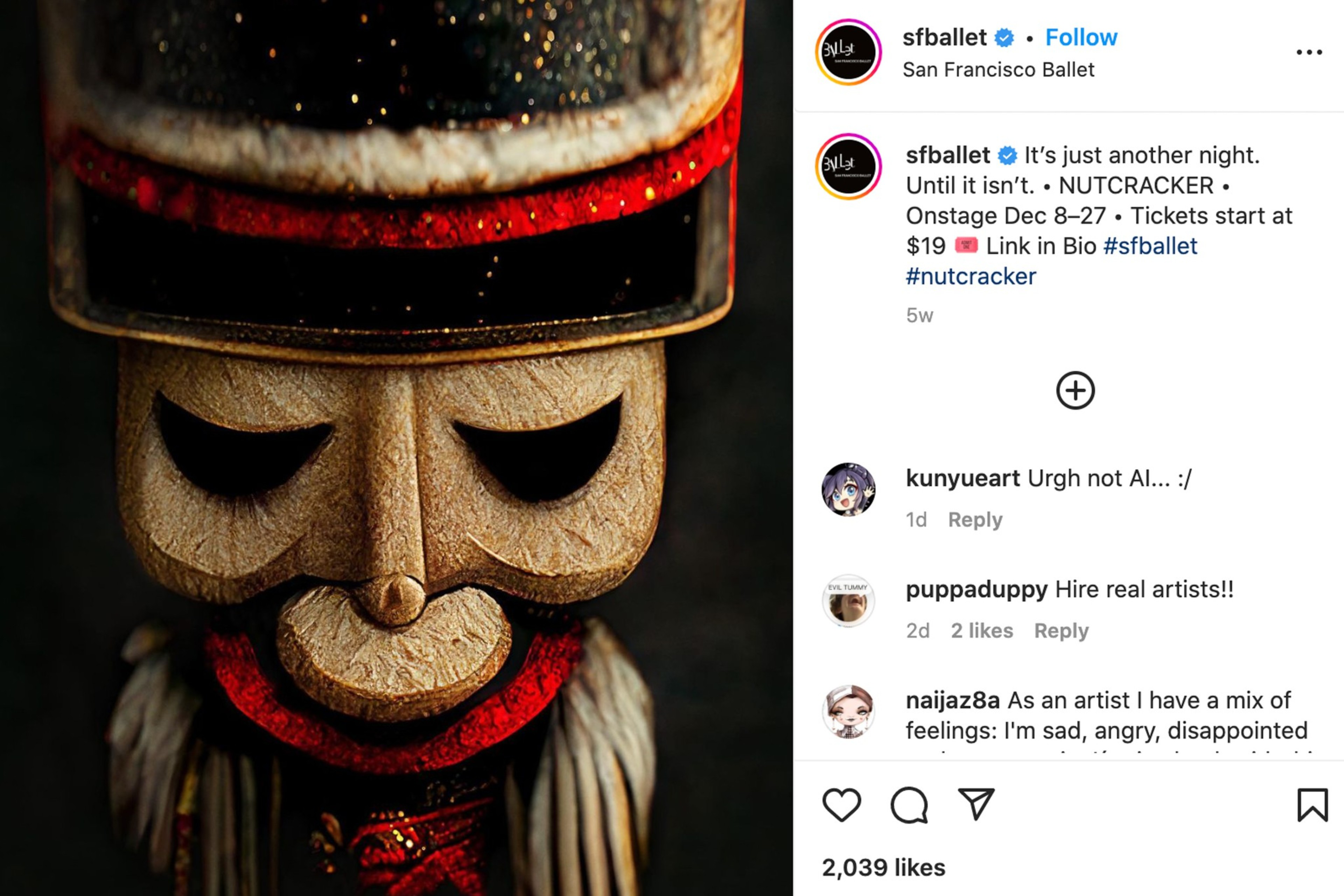 A close-up of a wooden Nutcracker figure with a serious expression, wearing a black and red hat decorated with gold accents.