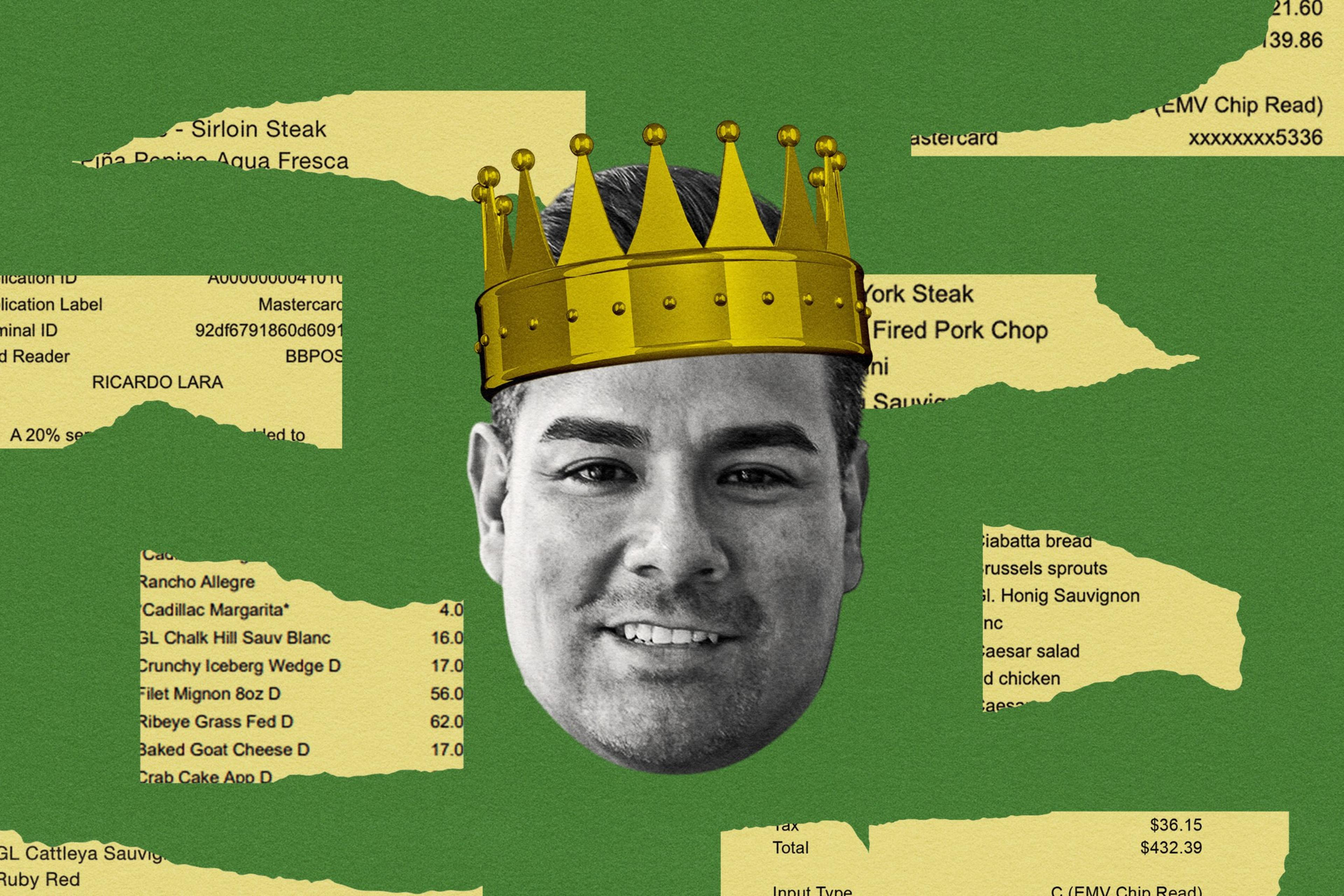 A black-and-white face wearing a gold crown is surrounded by green and yellow torn pieces resembling restaurant receipts.