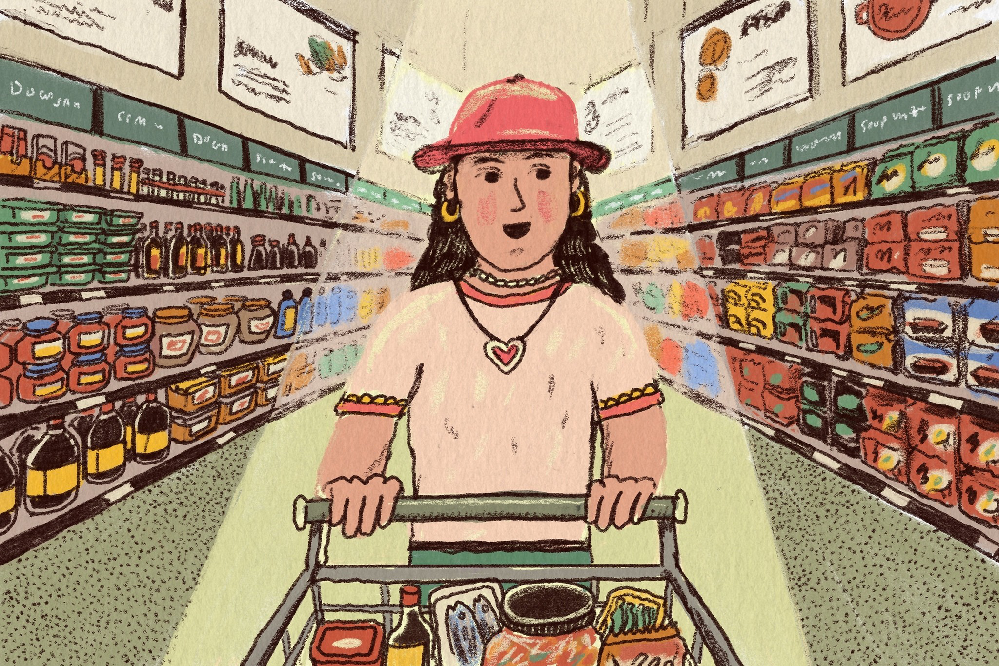 A person wearing a red hat and heart necklace pushes a shopping cart through grocery store aisles filled with various colorful products.