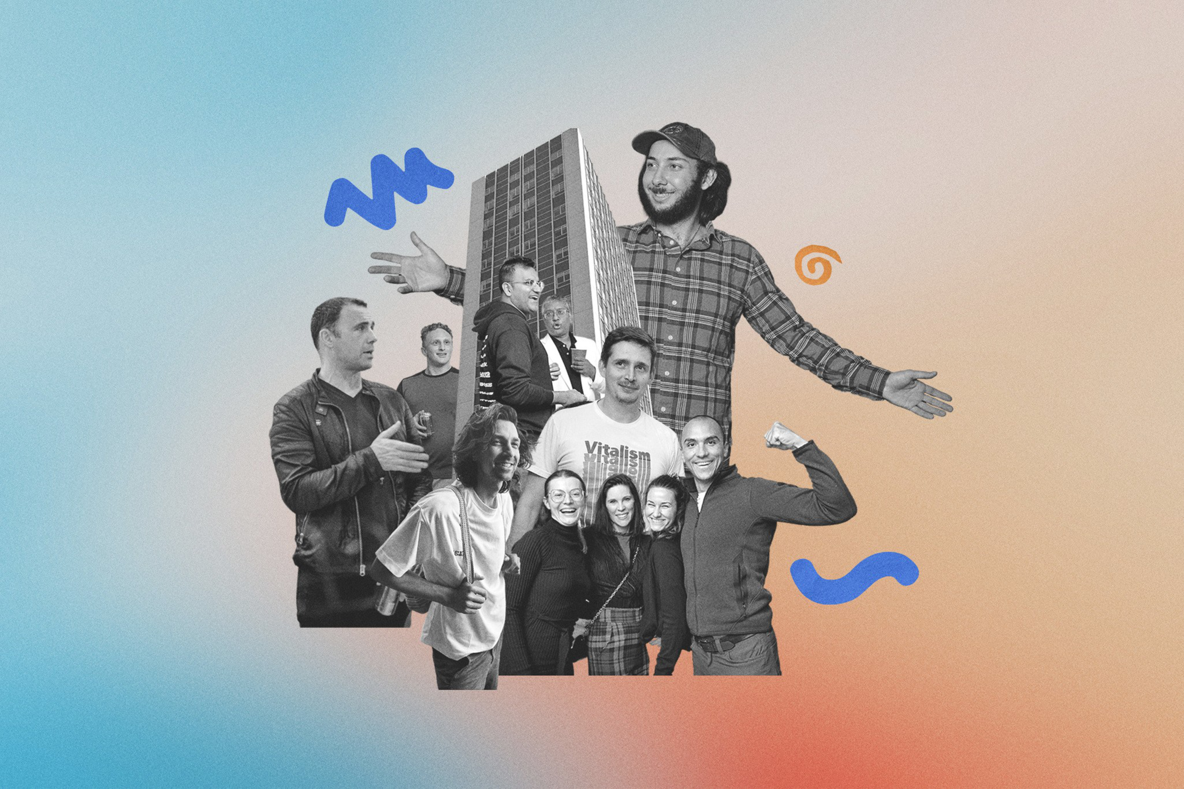 The image shows a collage of diverse people interacting, a building, and abstract shapes with a blue-to-orange gradient background.