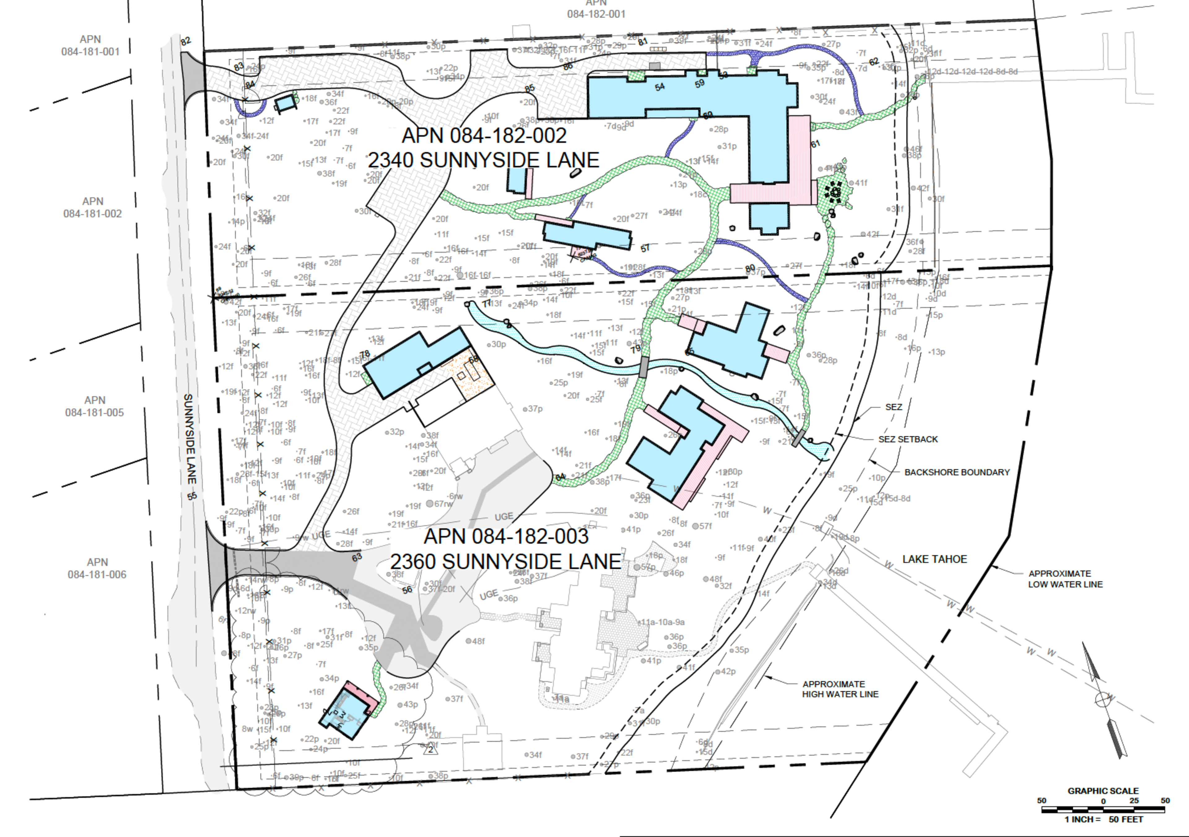 The image is a site map depicting two properties on Sunnyside Lane, labeled 2340 and 2360, with buildings, driveways, and landscaping details. Lake Tahoe is identified on the right.