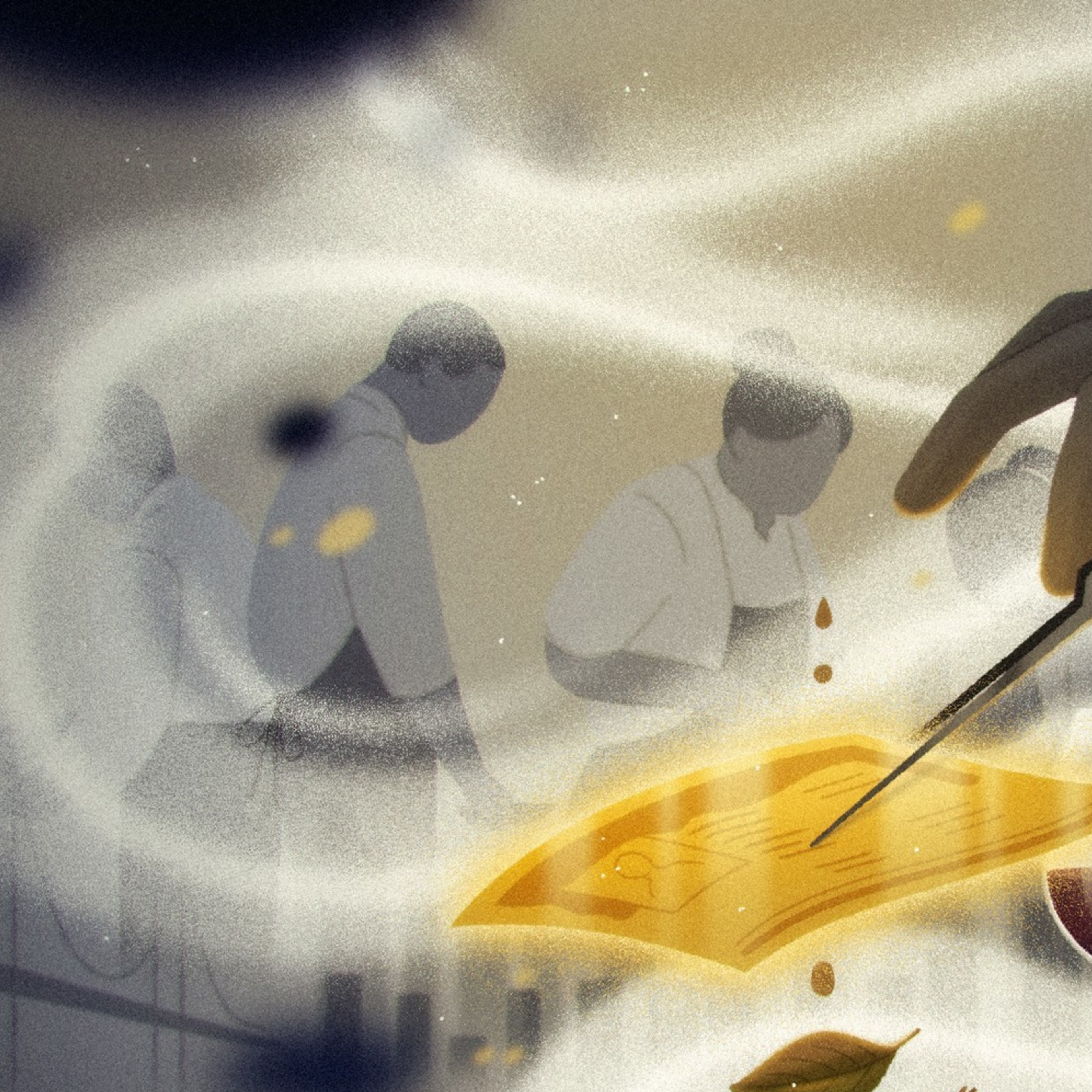 An illustration of chefs working in the background and a hand plating a piece of paper onto a plate