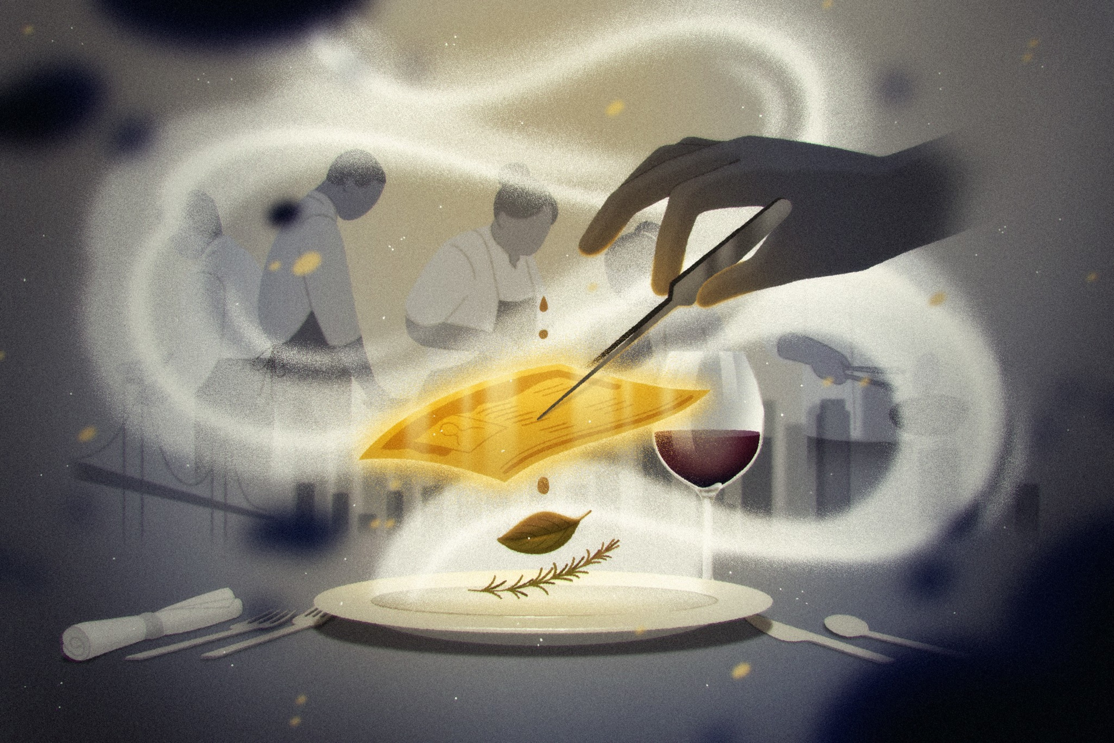 An illustration of chefs working in the background and a hand plating a piece of paper onto a plate