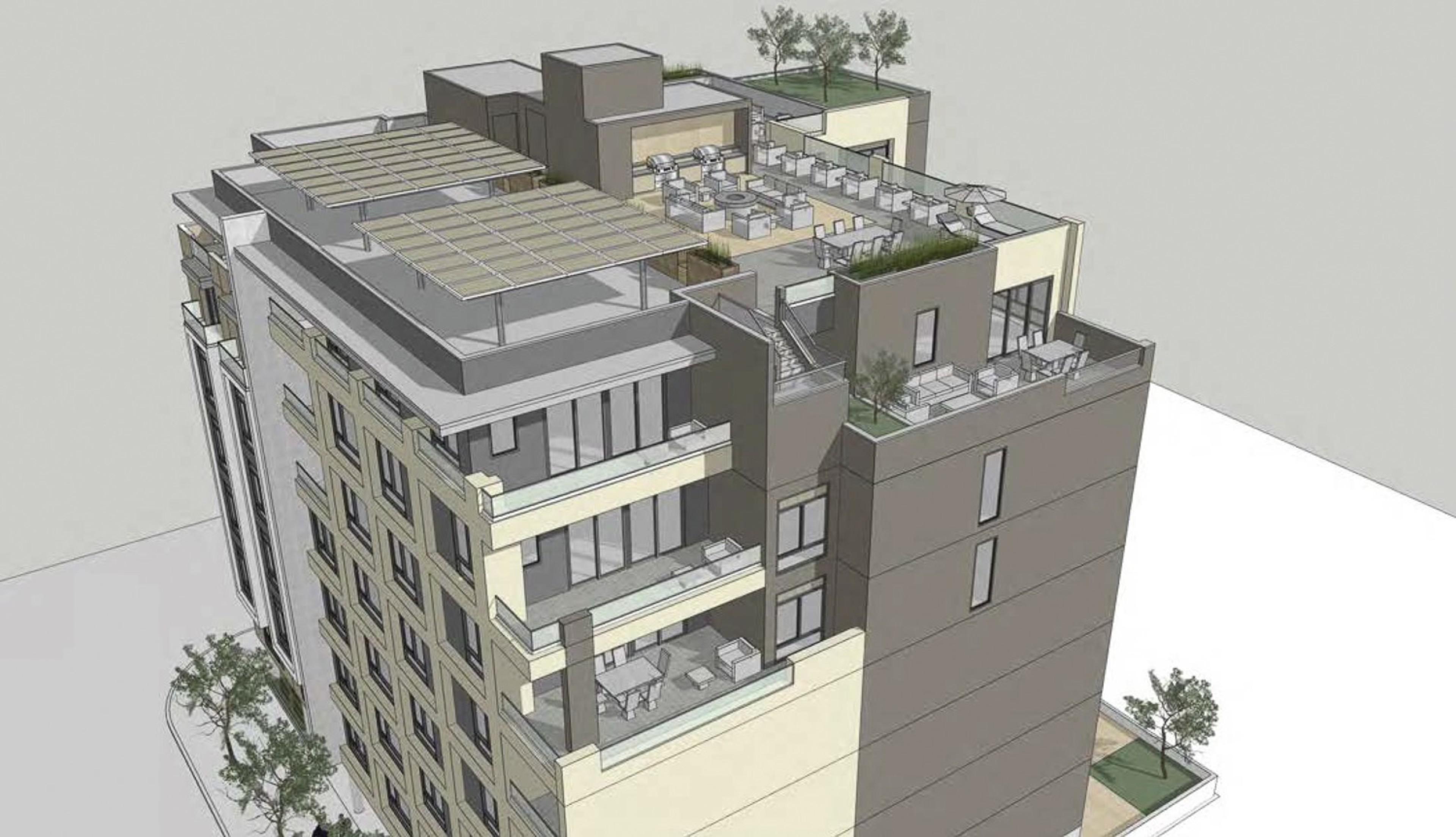 A modern, multi-story building with large balconies, rooftop seating areas, and greenery atop a gray and beige facade.