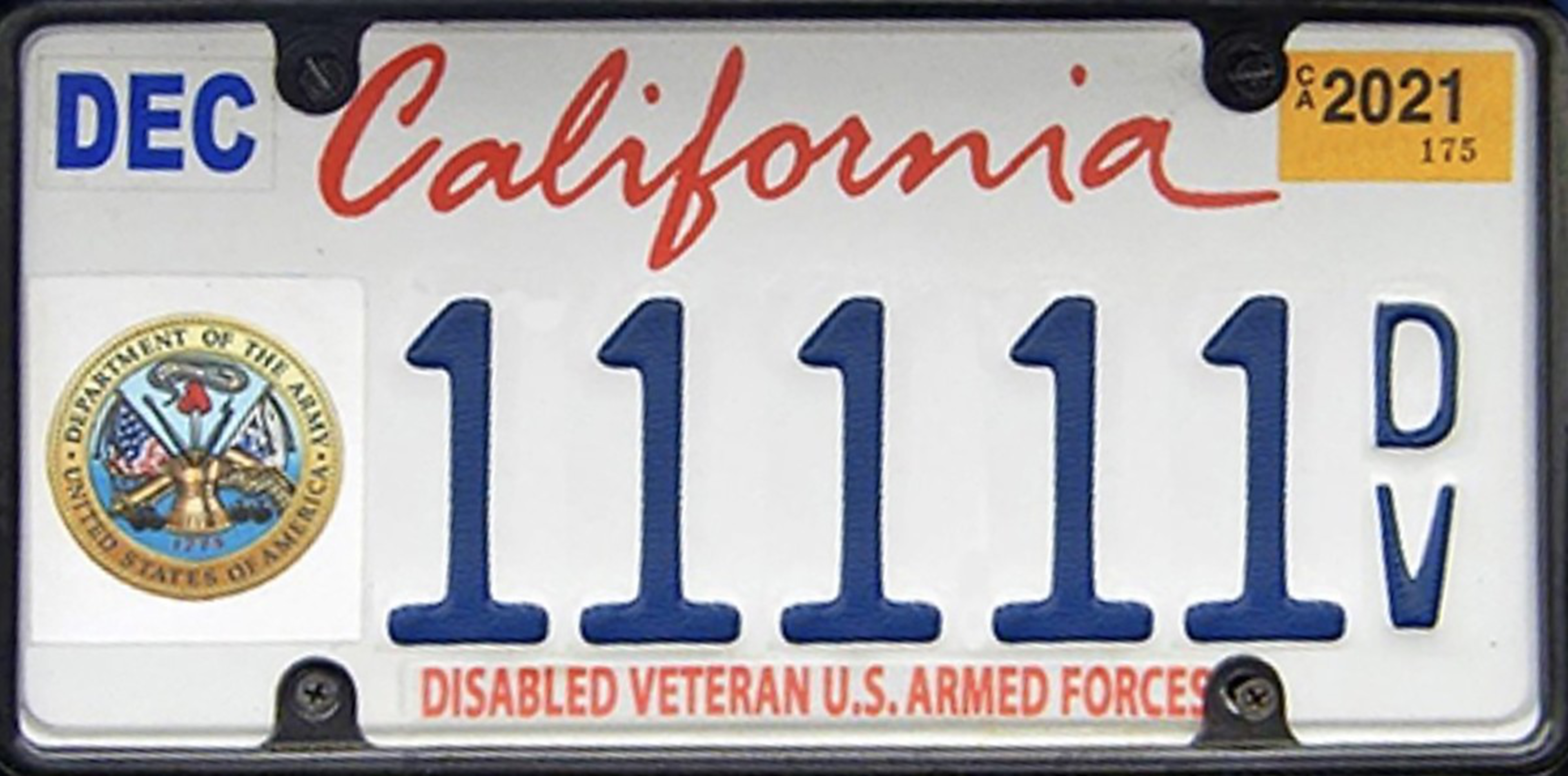 A California license plate for a disabled veteran features the number 11111, a Department of the Army seal, and has a 2021 registration sticker.