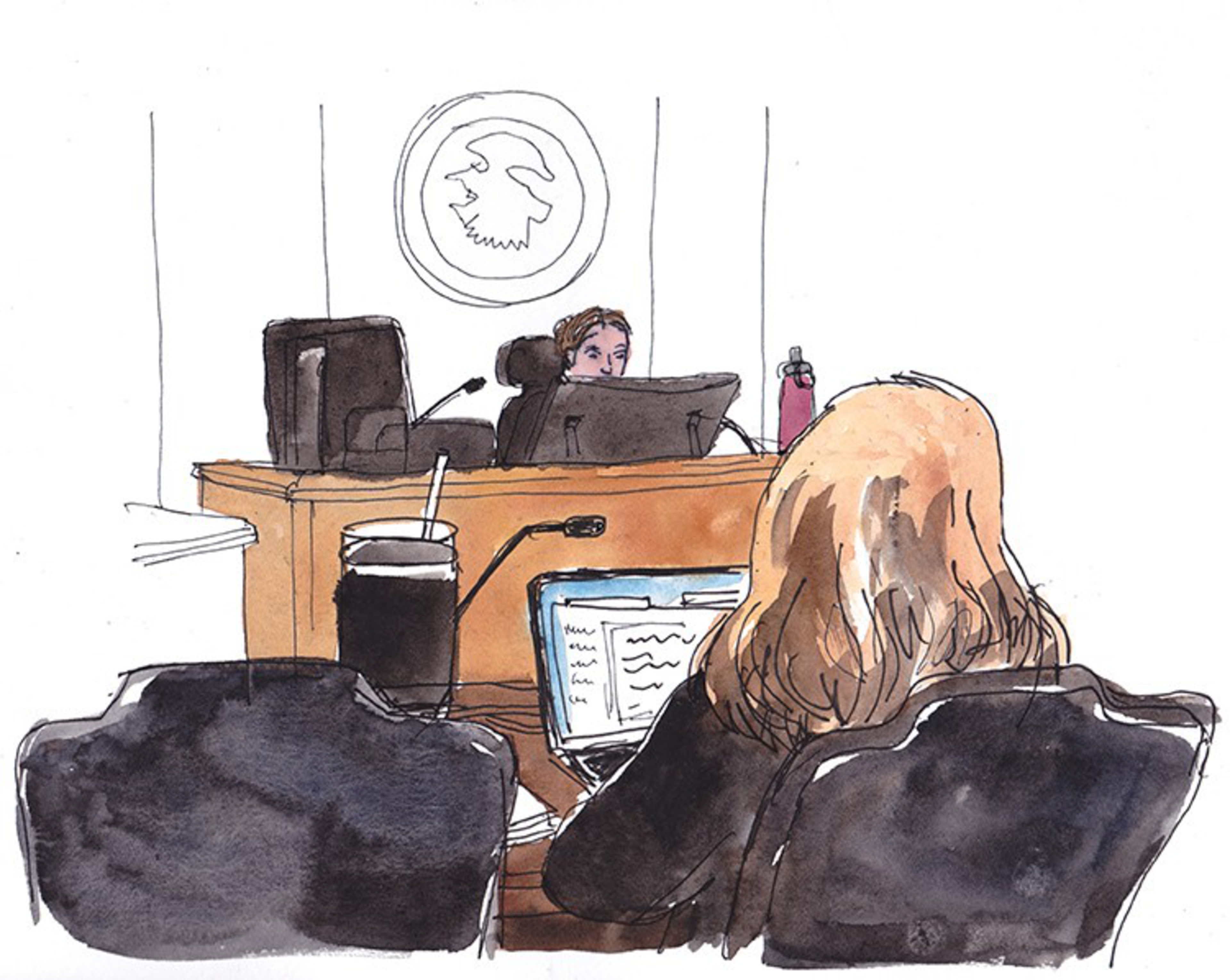 A courtroom sketch depicts a judge behind a bench and a blonde woman seated, facing away, using a laptop with documents open, along with a drink and water bottle nearby.