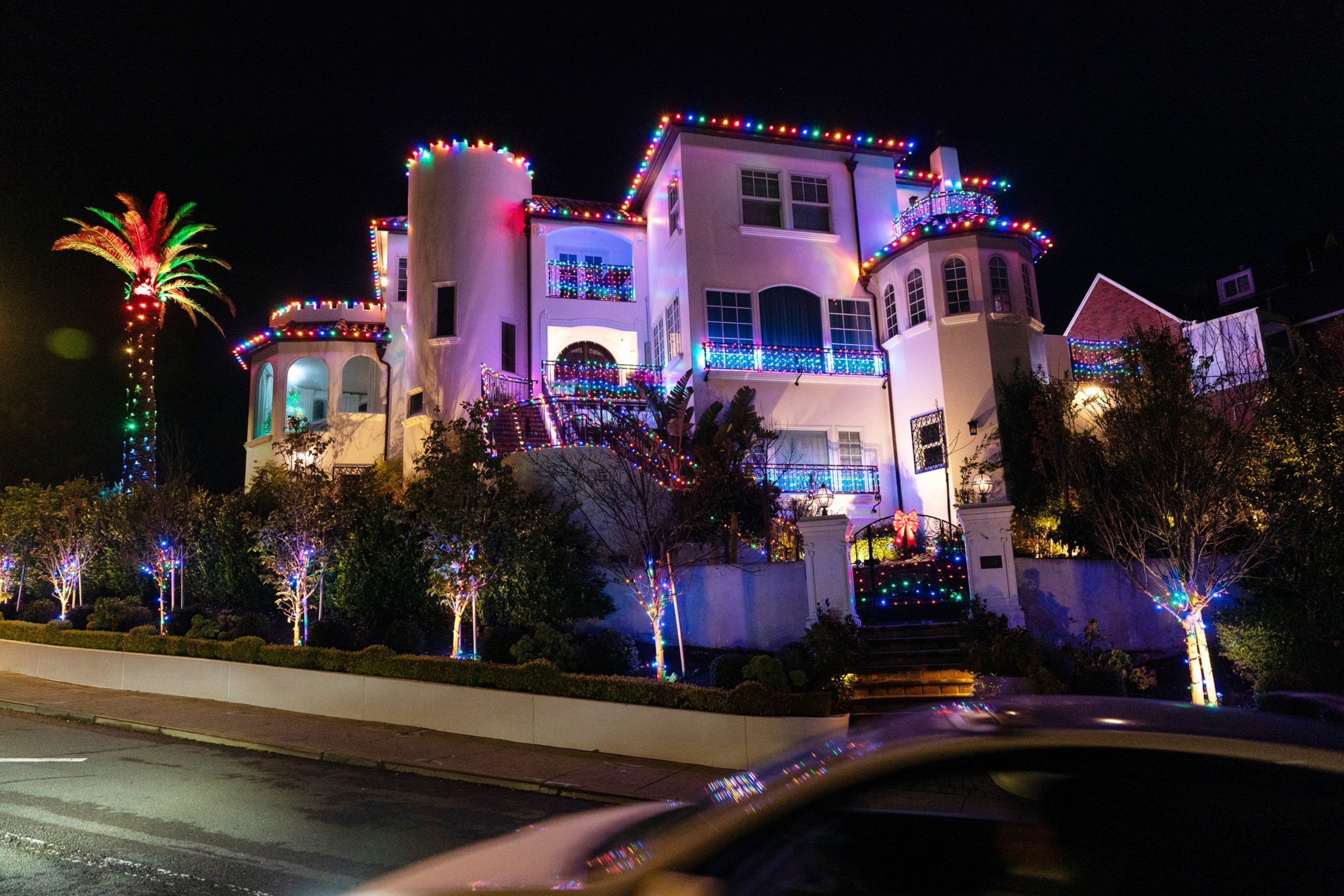 A large house is decorated with colorful Christmas lights, outlining its structure. A palm tree and smaller trees in the yard are also adorned with lights.