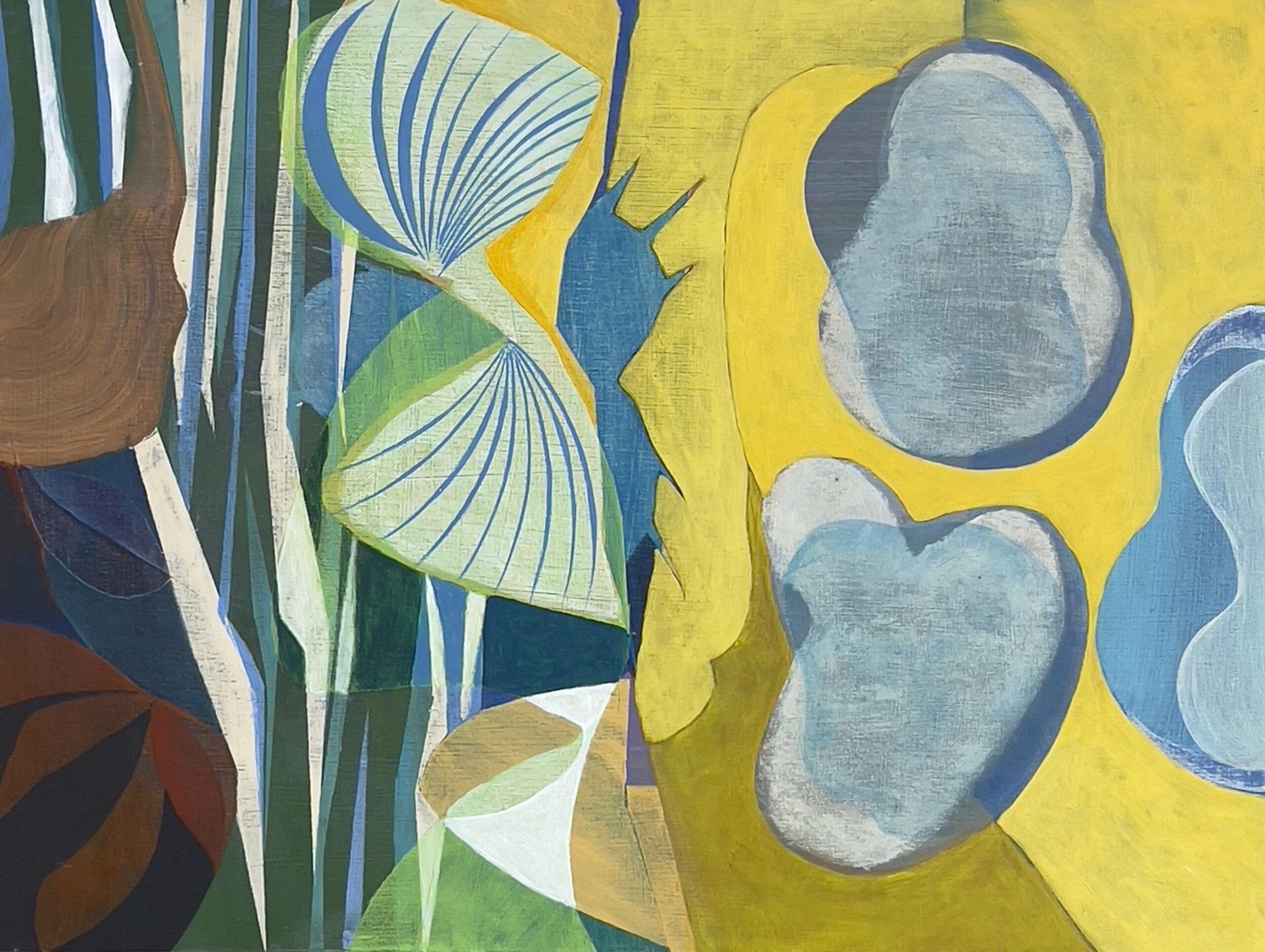 Abstract painting with organic shapes and flowing lines in blue, green, brown, and yellow, blending natural forms with geometric patterns.