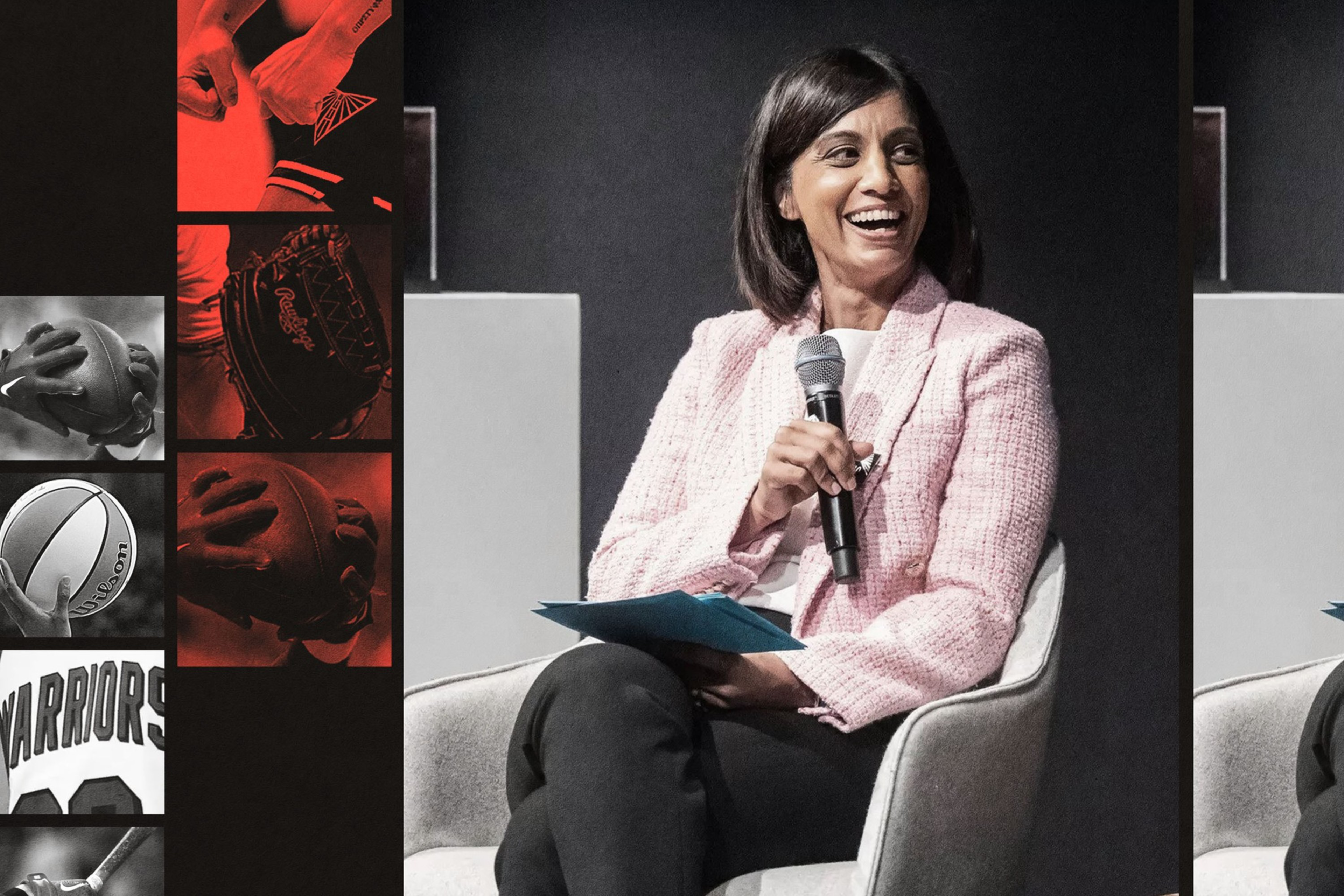 A woman in a pink blazer, holding a microphone and blue papers, sits on a gray chair, smiling and looking to her right.