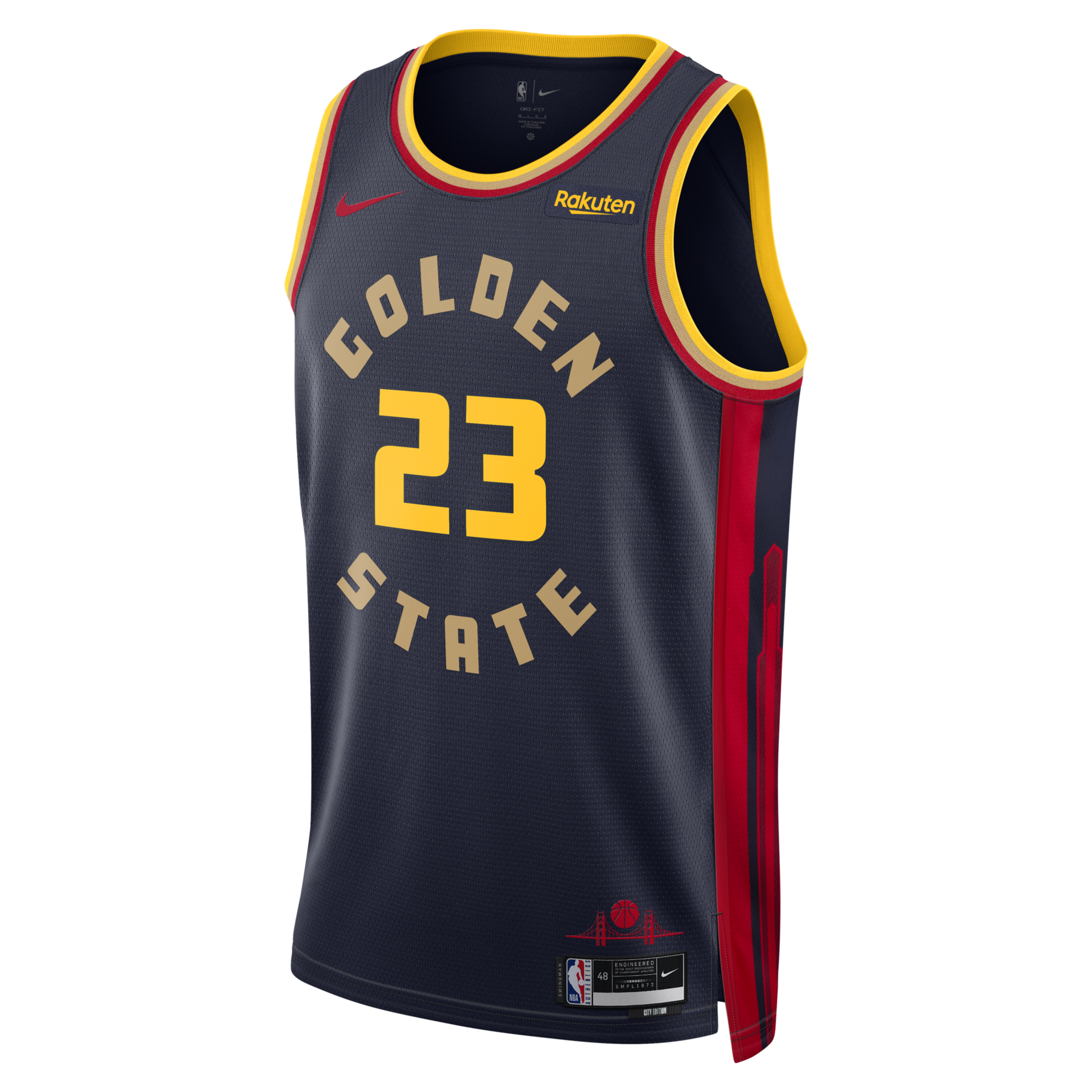 The image shows a navy blue Golden State Warriors jersey with yellow trim. It features the number 23, red side accents, and branding by Nike and Rakuten.
