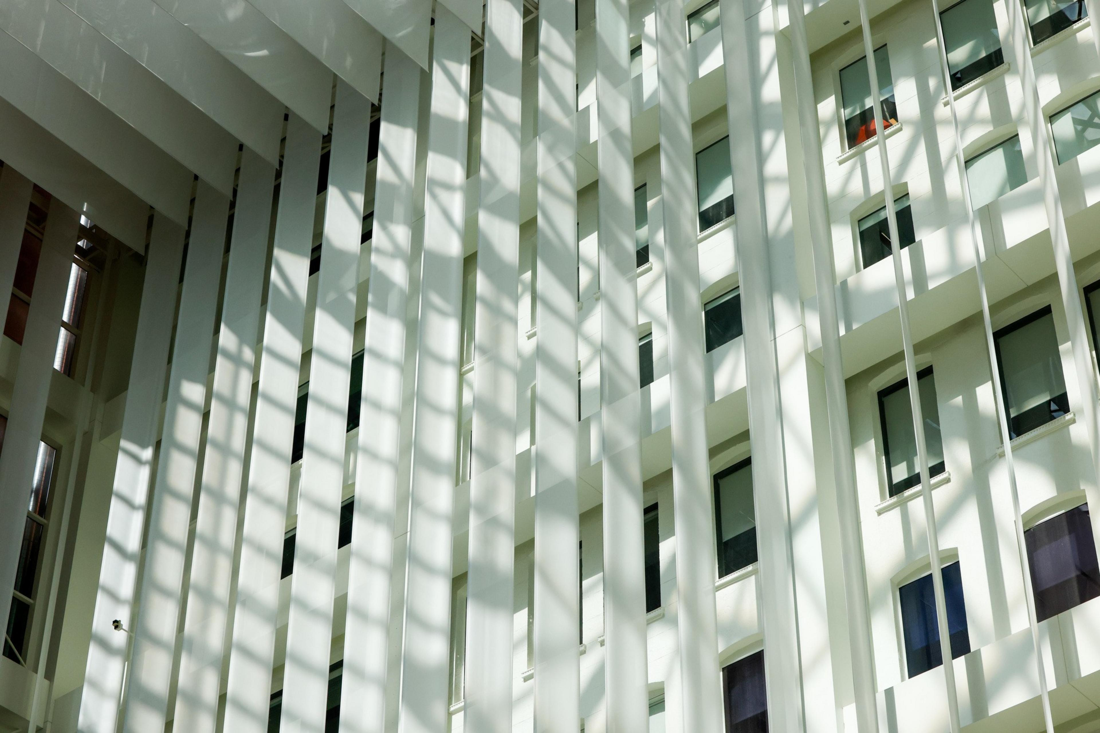 The image shows a modern building facade with vertical white slats, casting geometric shadows across windows in bright sunlight, creating a pattern.