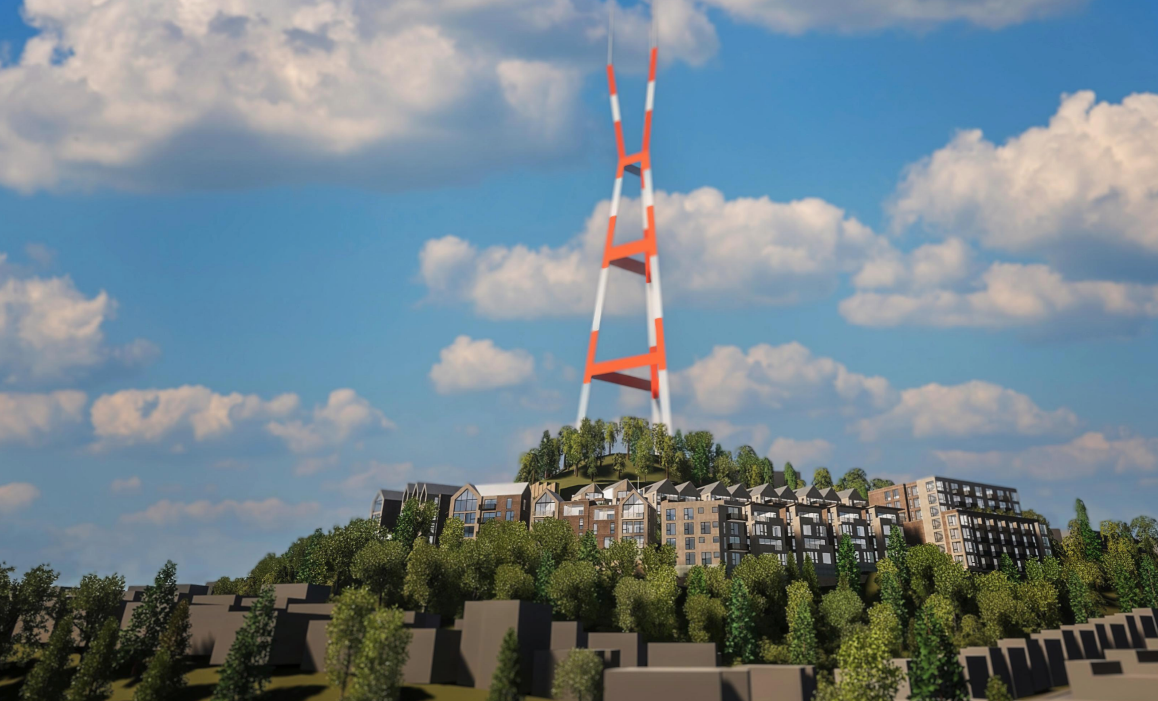 A large red and white tower stands on a hill surrounded by dense green trees and modern multi-story buildings under a blue sky with scattered clouds.