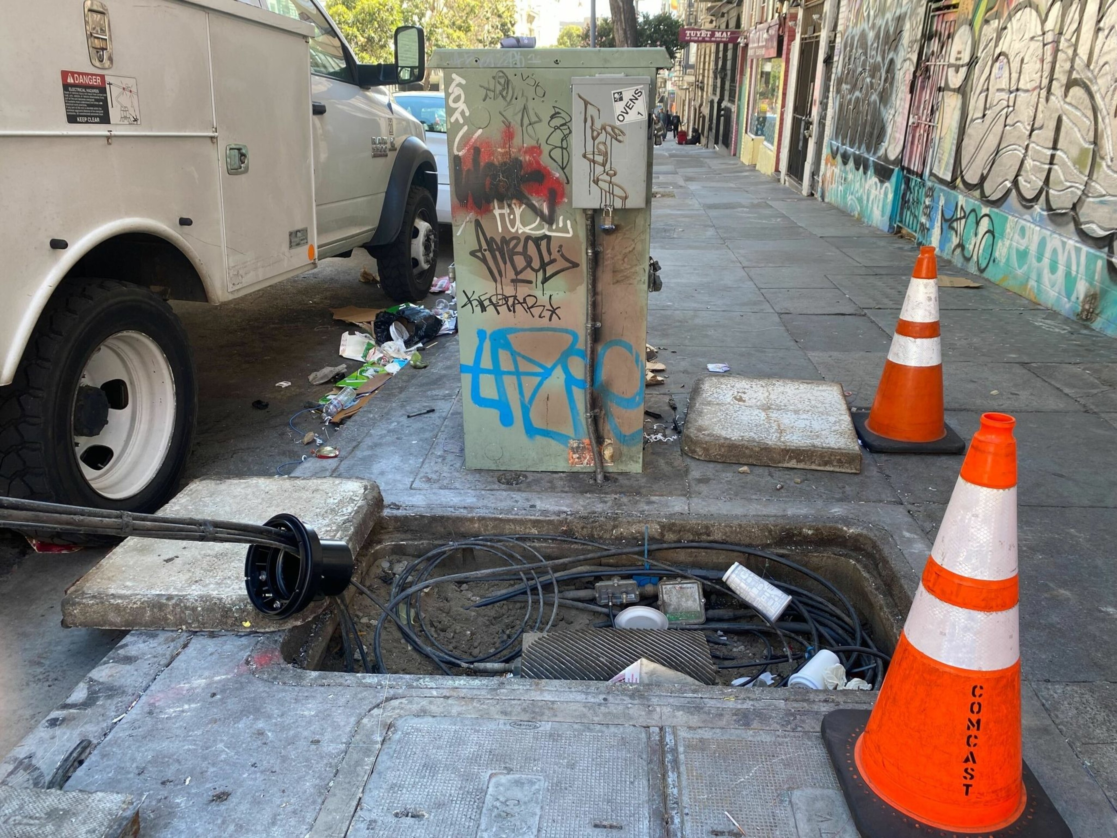 A damaged Comcast box at Hyde and Geary streets | Morgan Ellis/The Standard