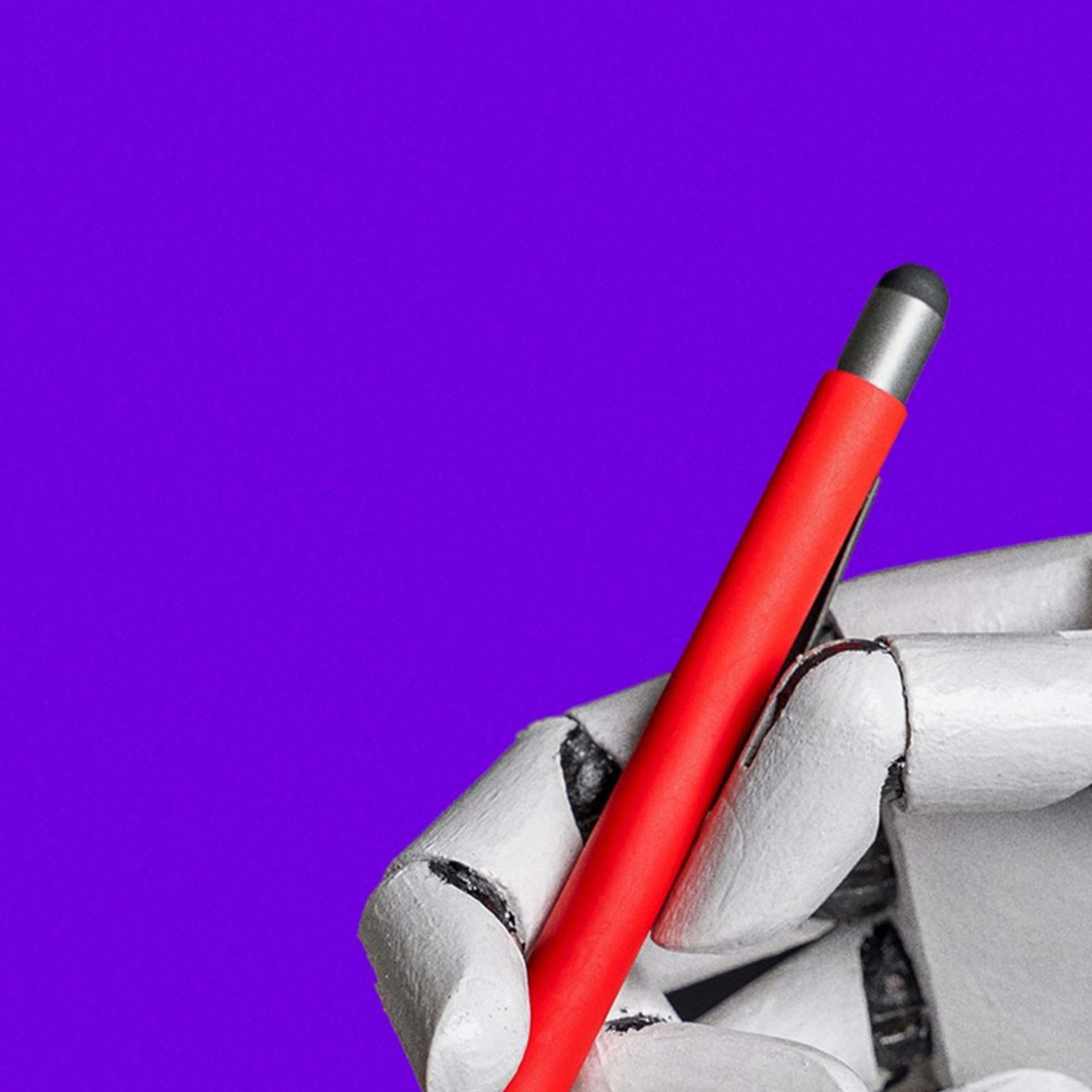 A robotic hand holds a red pen against a vibrant purple background, showcasing precise grip and mechanical joints.