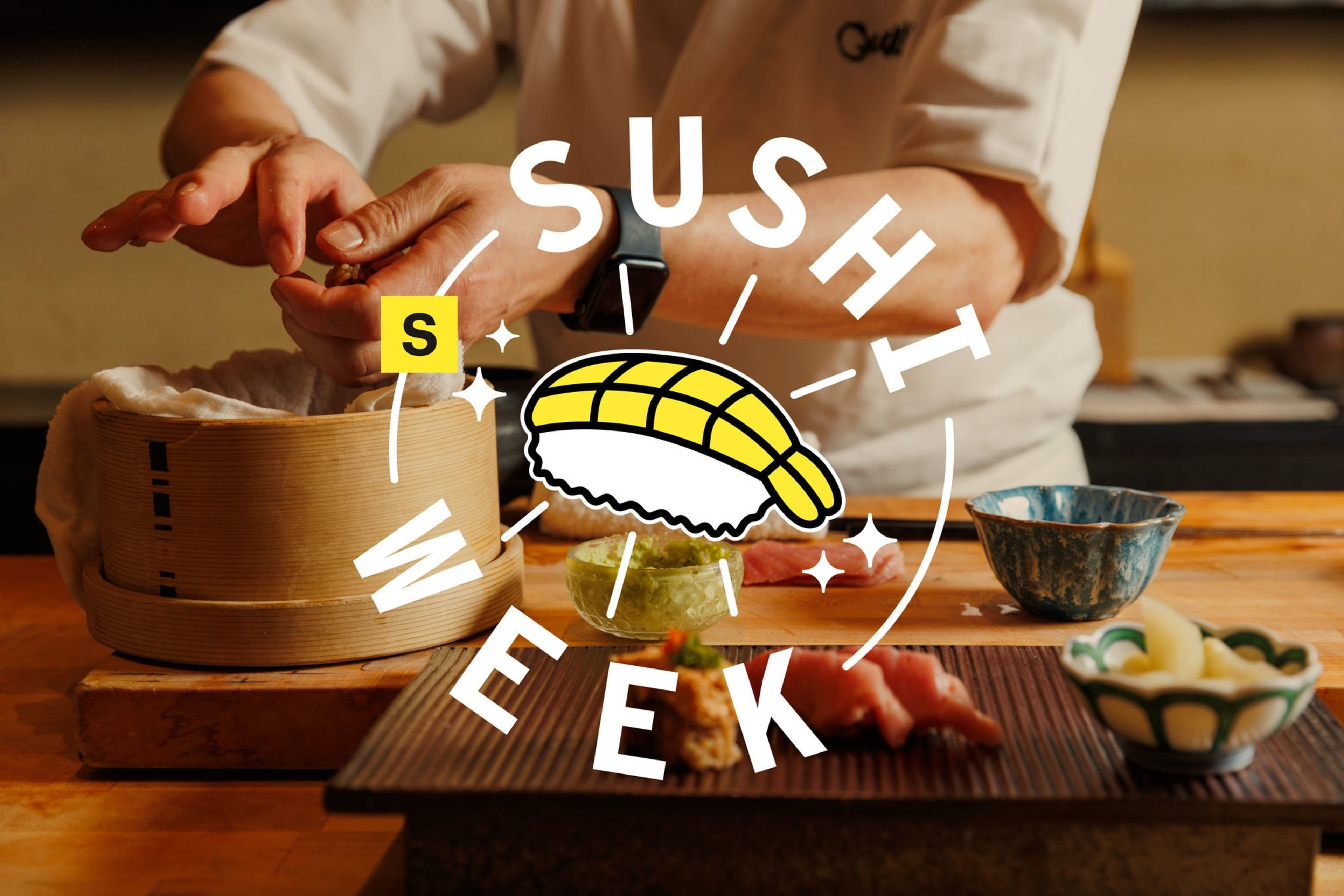 A chef is preparing sushi at a wooden counter with various bowls and dishes nearby. The words "Sushi Week" and a sushi graphic are overlaid on the image.