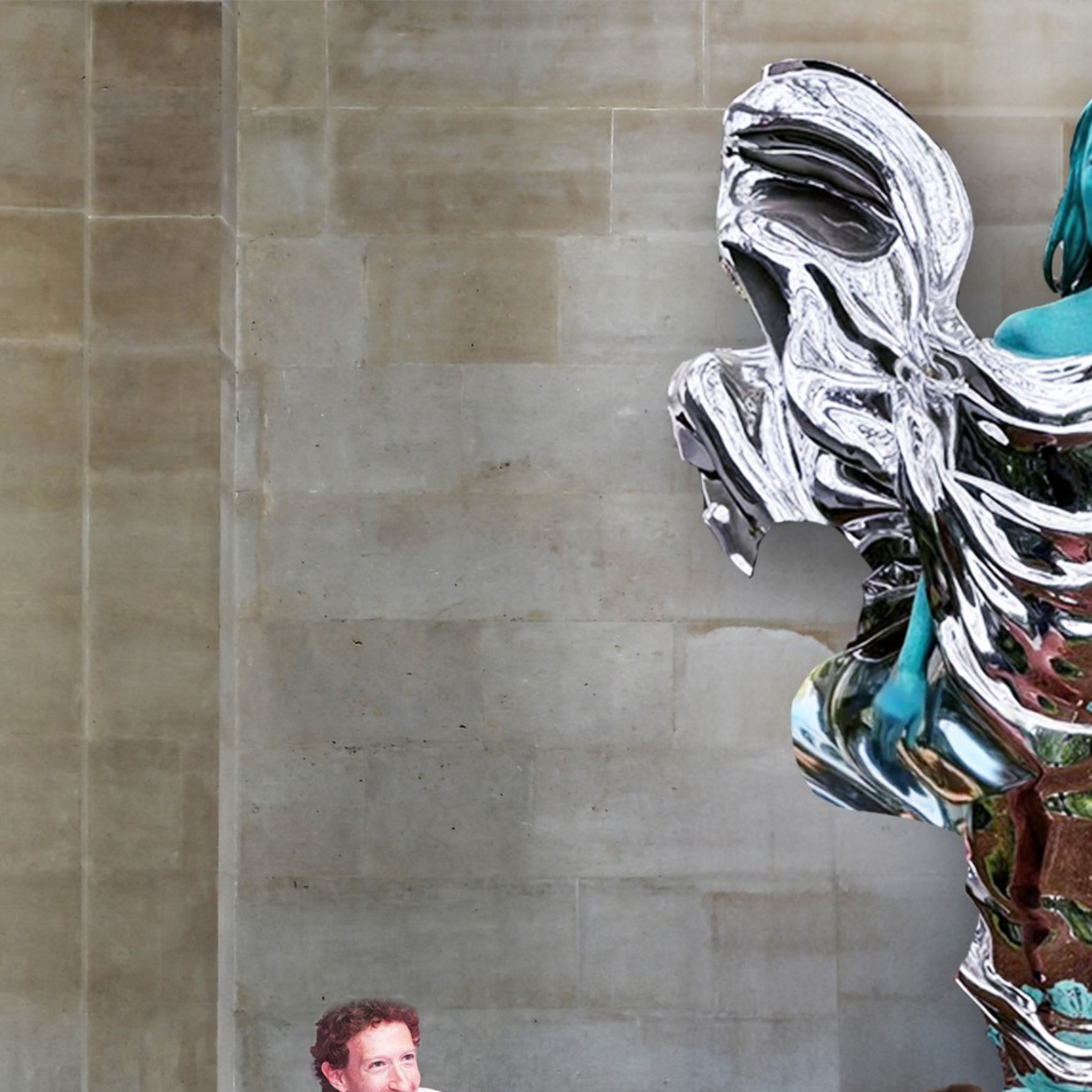 People crowd at the food of a giant chrome and green statue.