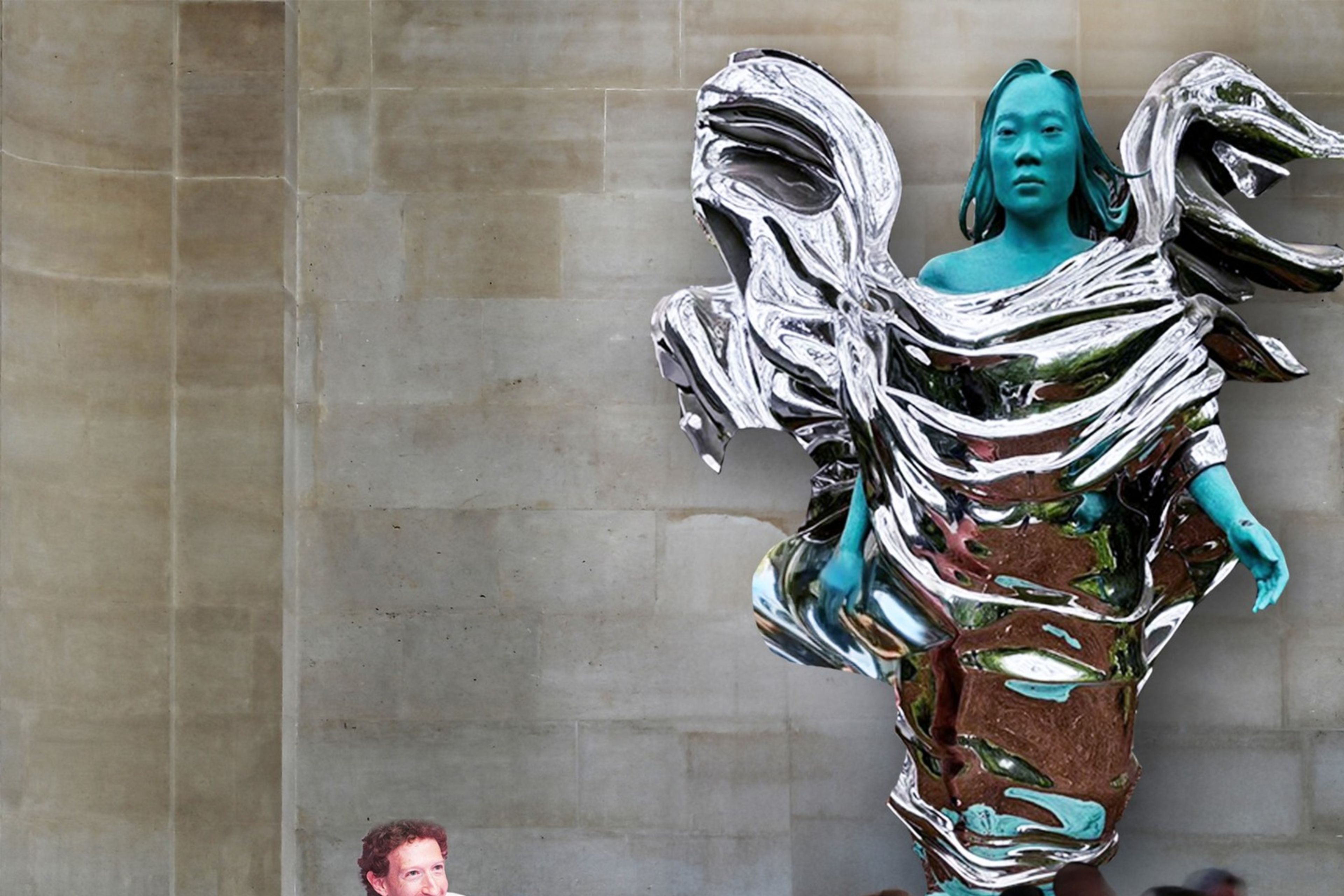 People crowd at the food of a giant chrome and green statue.
