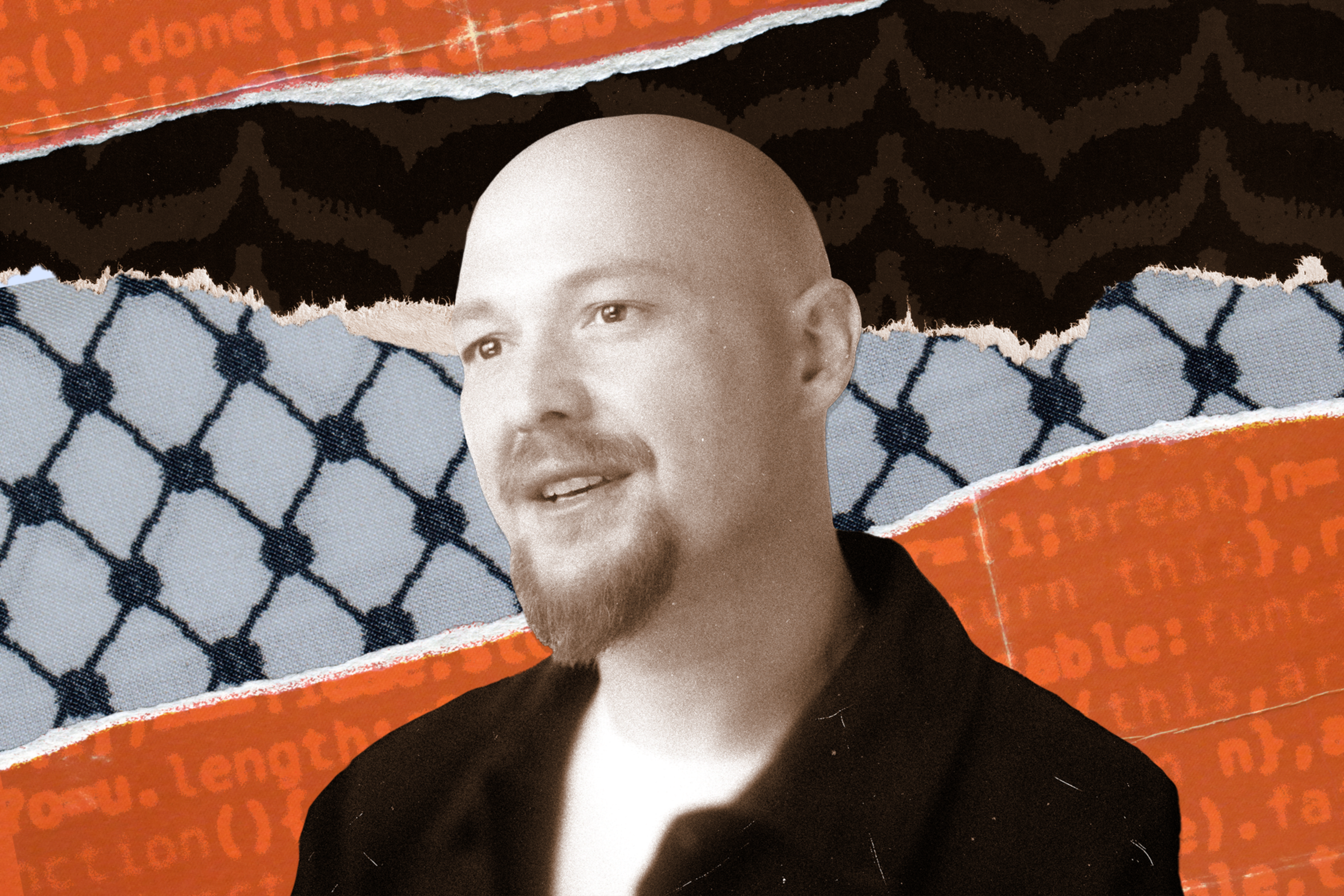 A smiling bald man with a goatee wears a dark shirt, set against a torn, layered background featuring orange code and a blue-black net pattern.