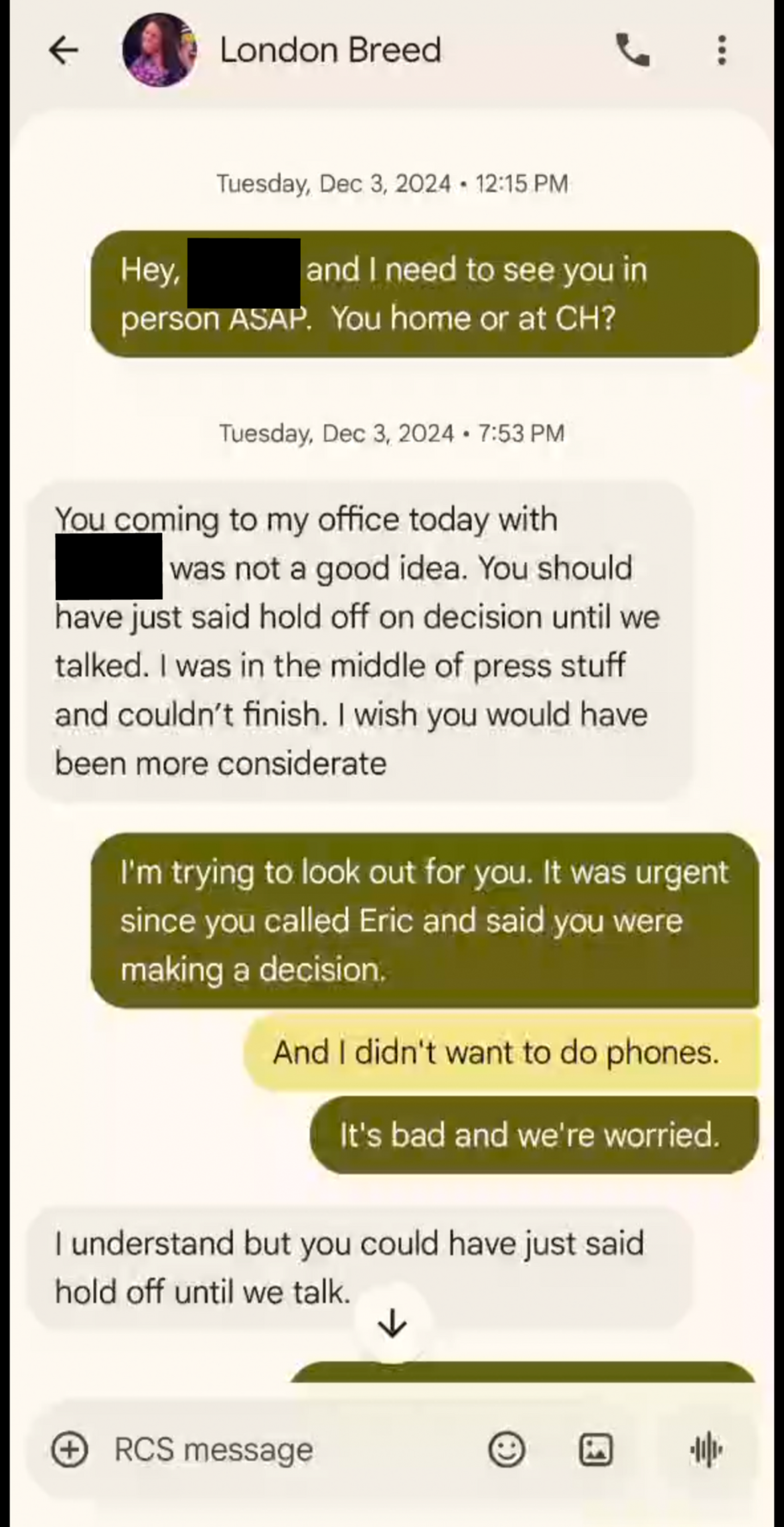 A text exchange where one person urges to meet ASAP, discusses poor timing of a visit, and expresses concern over an urgent decision and worry.