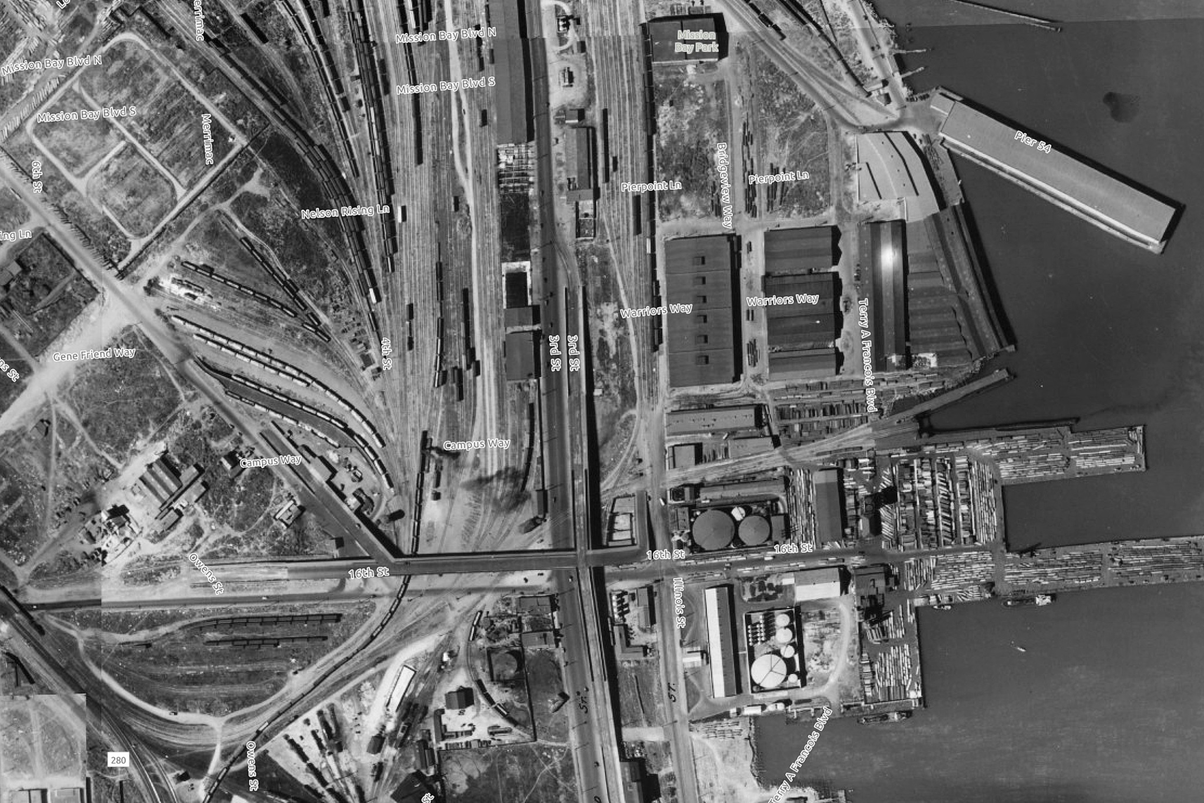An aerial view of the area around 3rd Street and 16th Street in San Francisco’s Mission Bay district in 1938.