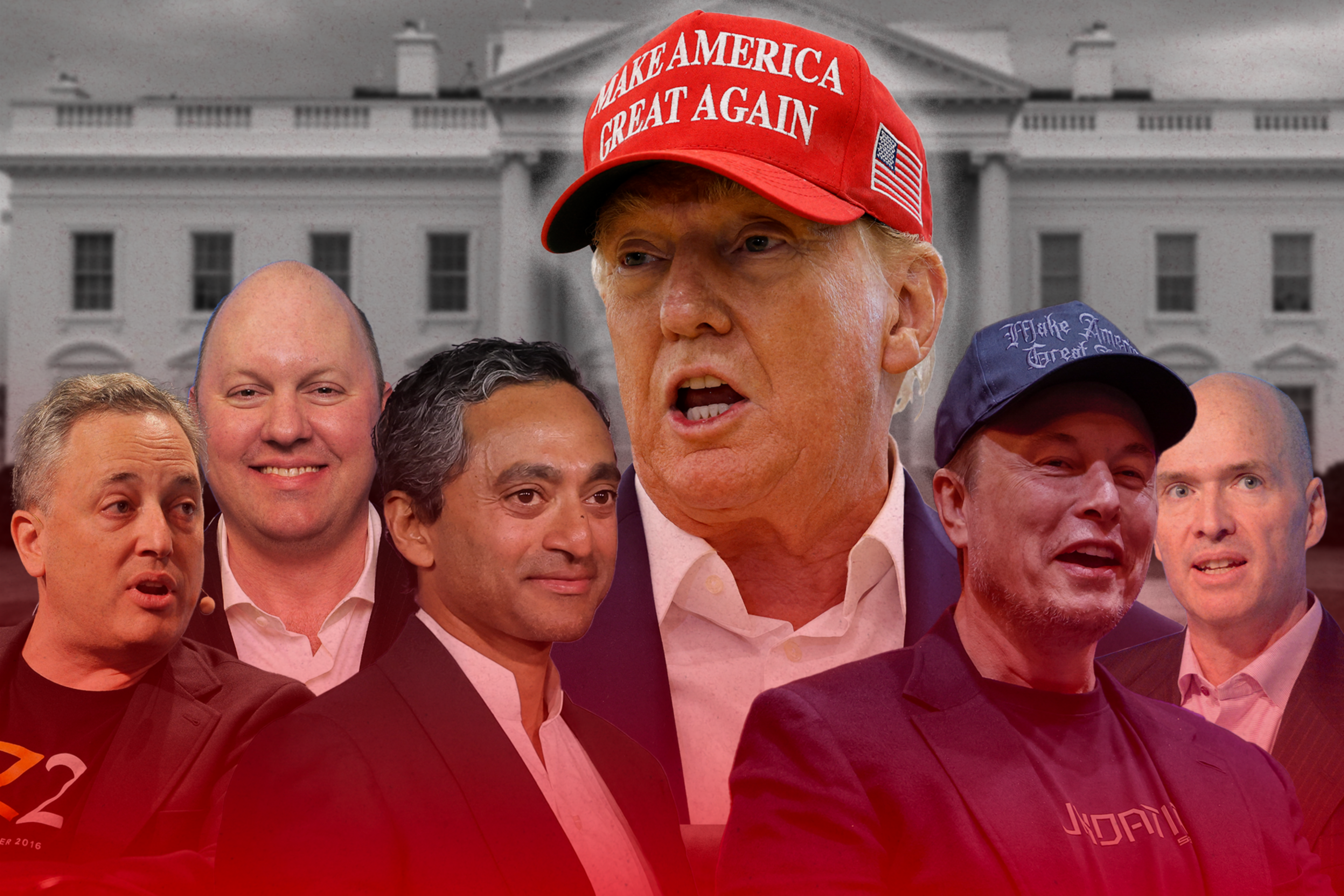 The image shows multiple men in front of the White House. One is in a red "Make America Great Again" hat, and another in a black cap with similar text, all looking serious.