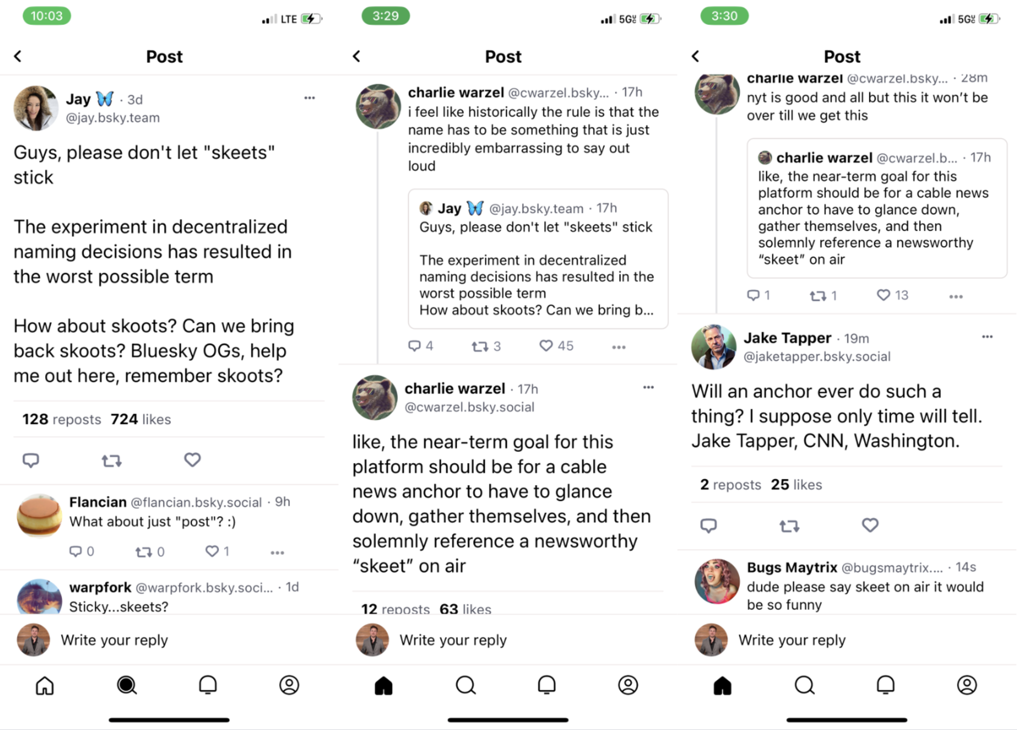 Users discuss the term "skeets" as a decentralized naming experiment, debating if anchors might someday reference "skeet" on air, with calls to revive "skoots."