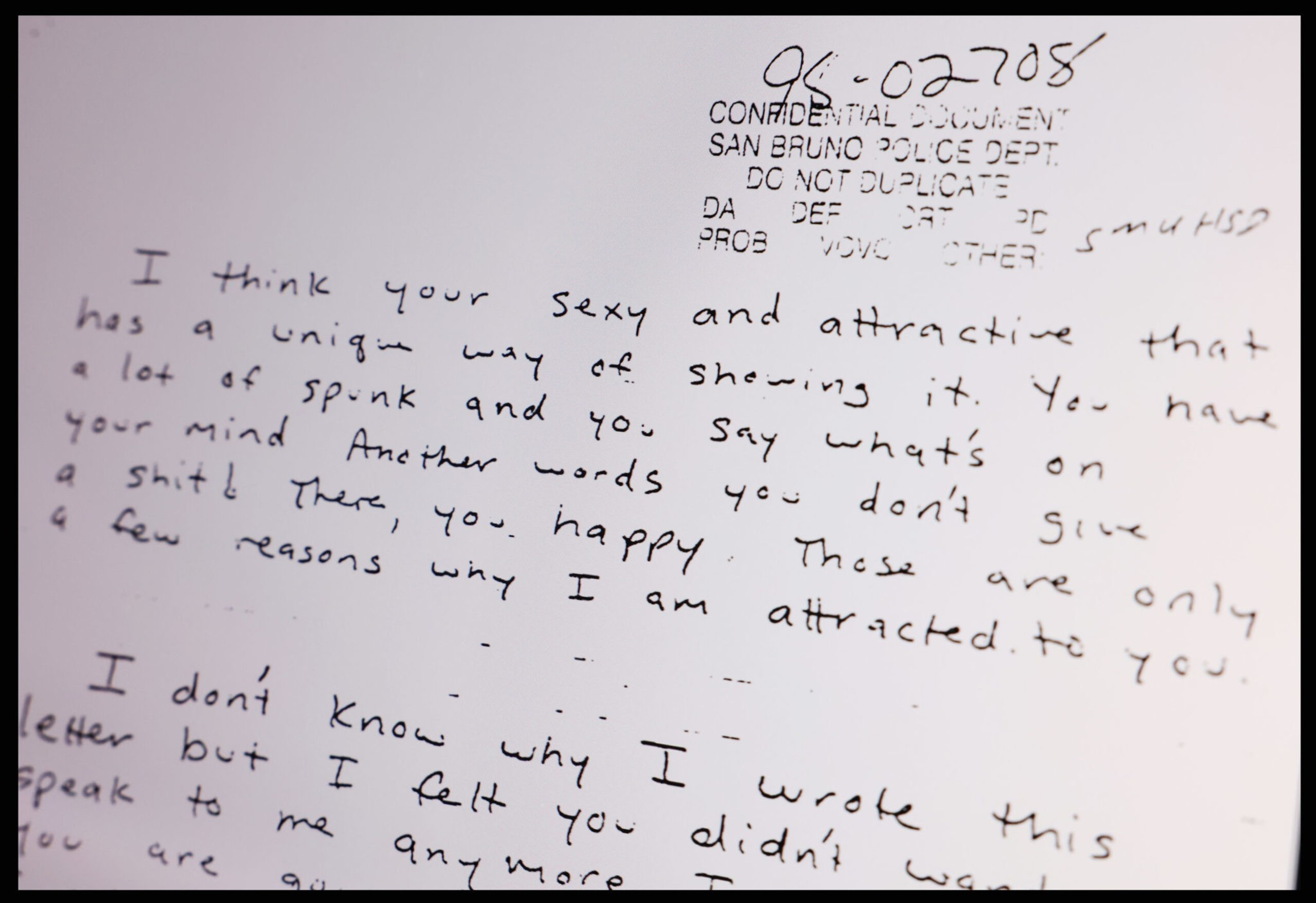 Handwritten note praises someone for being sexy, attractive, and honest, expressing reasons for attraction and confusion about reduced communication.