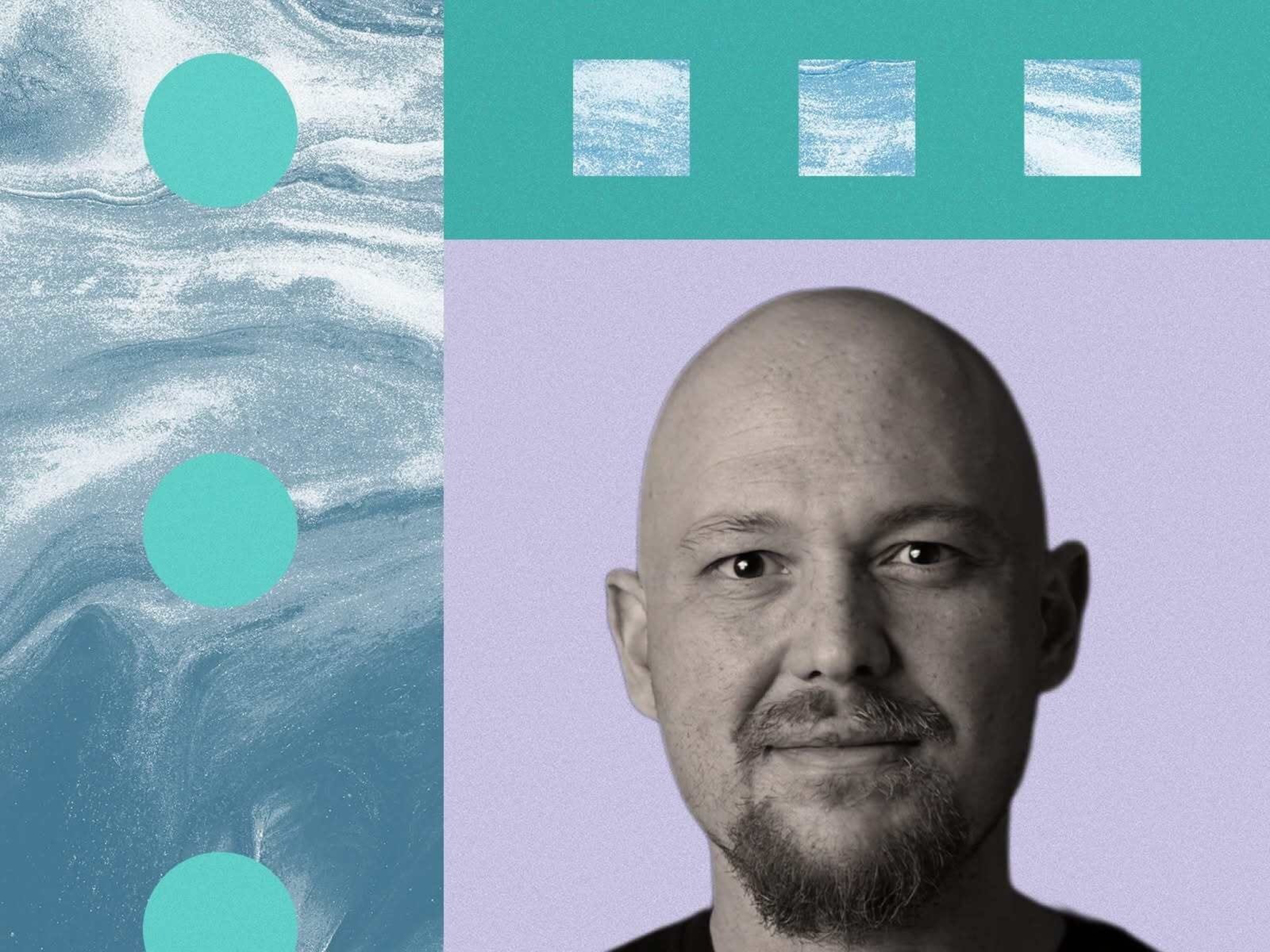 A bald man with a goatee looks at the camera against a background of teal circles and squares and swirling blue and white textures.