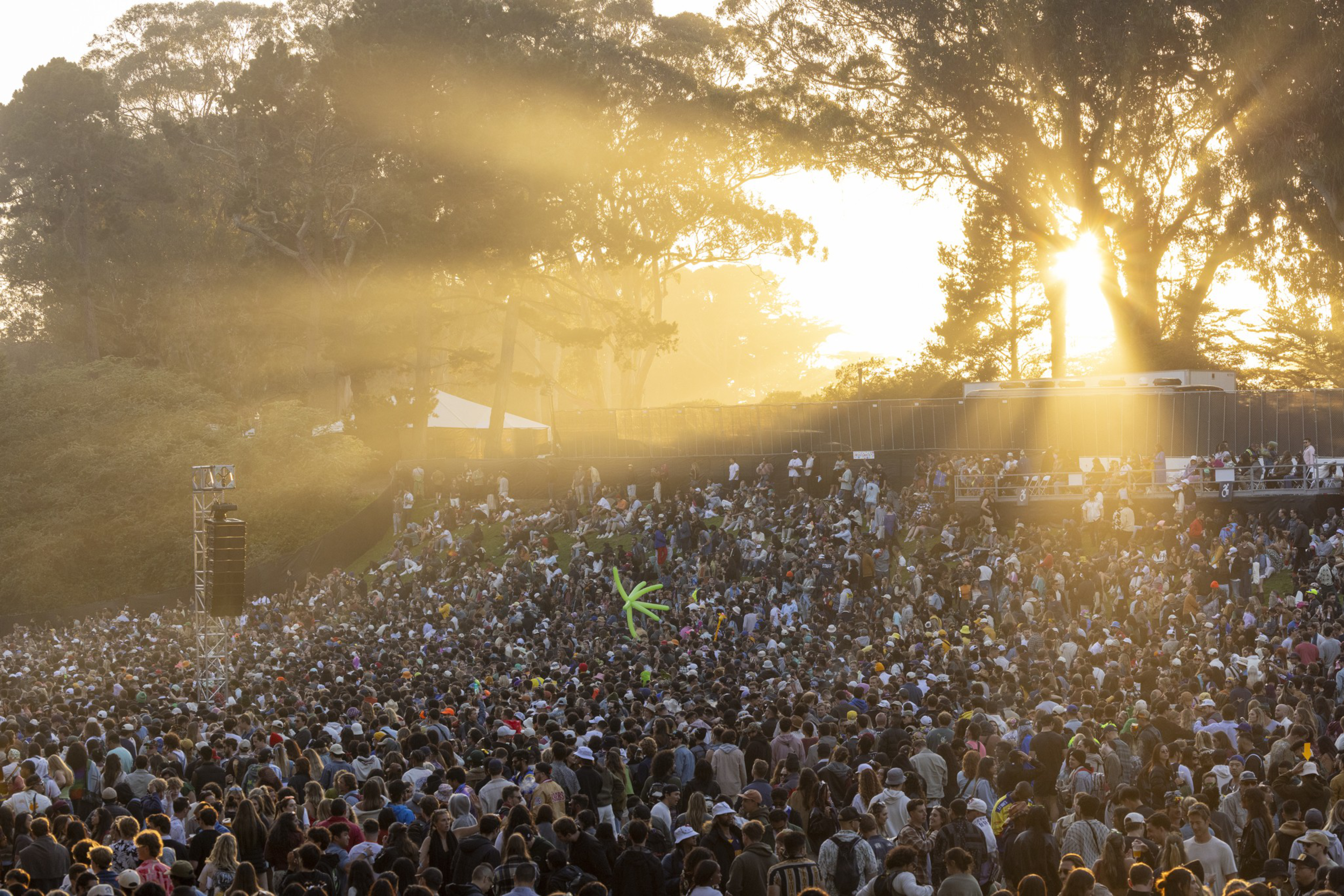 A large crowd at an outdoor concert stands and sits on a grassy hill, bathed in golden sunlight filtering through tall trees in the background.