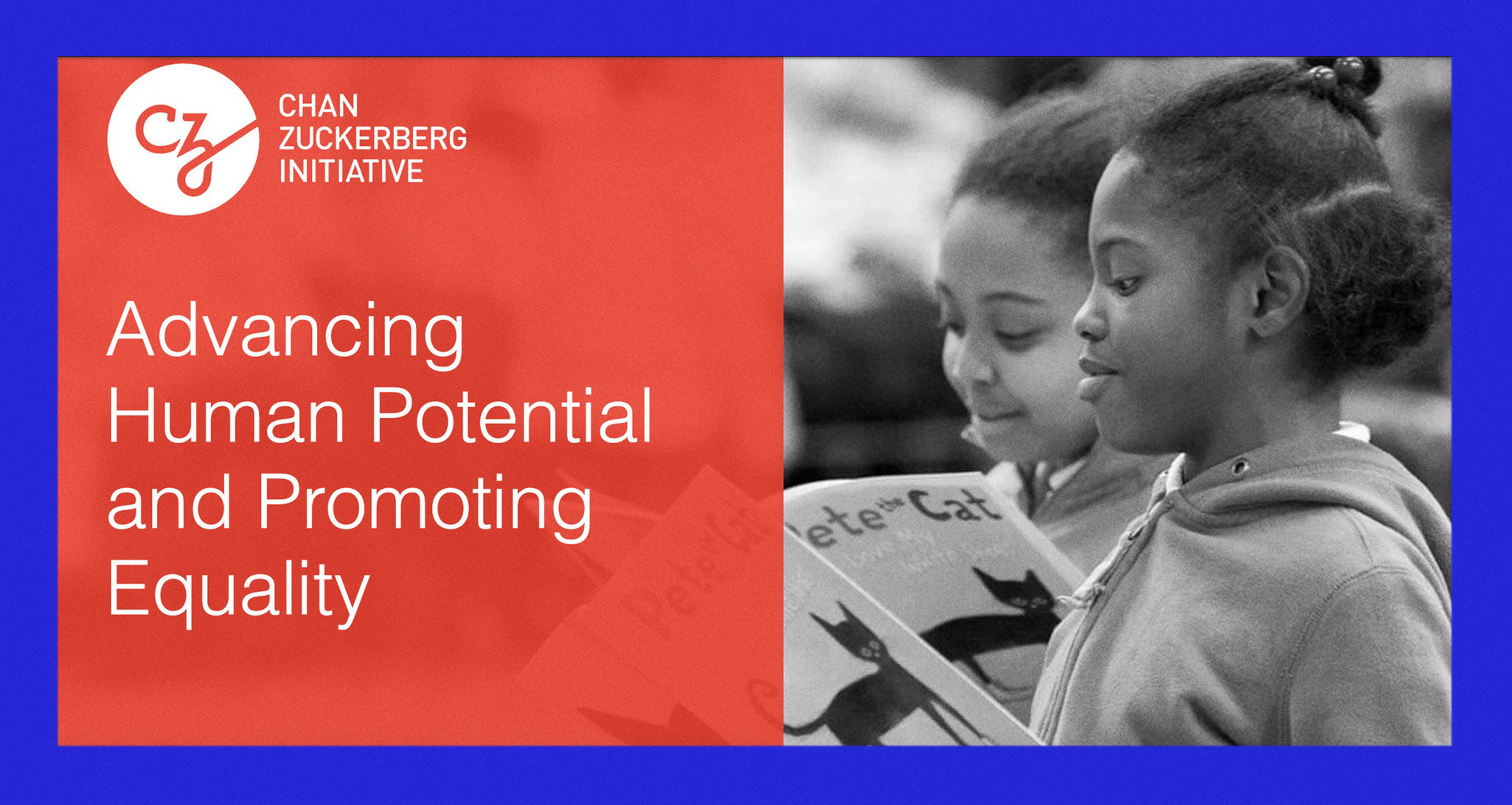 Two children are happily reading a book titled &quot;Pete the Cat.&quot; Beside them, text reads &quot;Advancing Human Potential and Promoting Equality&quot; with a logo above.