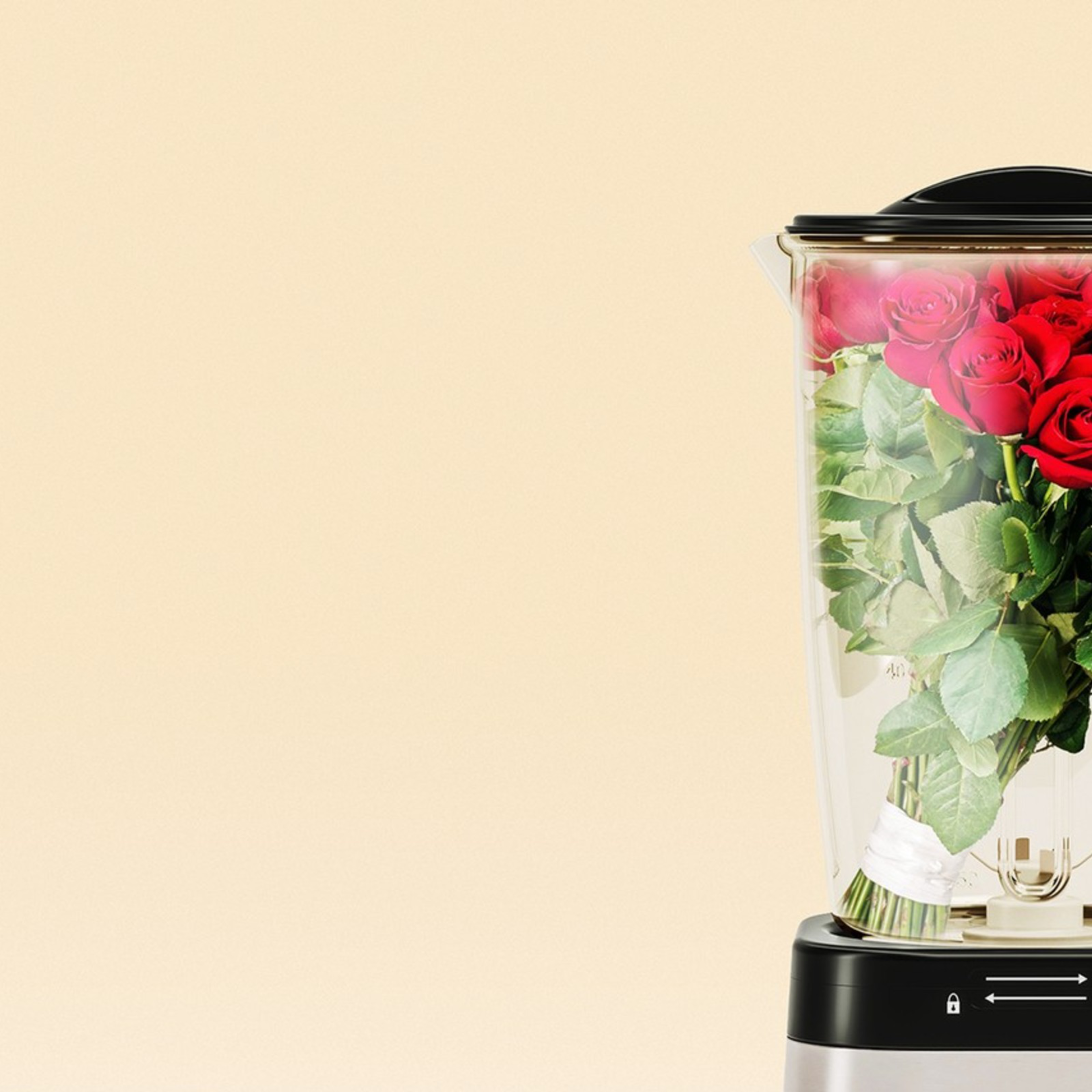 A photo illustration of roses in a blender