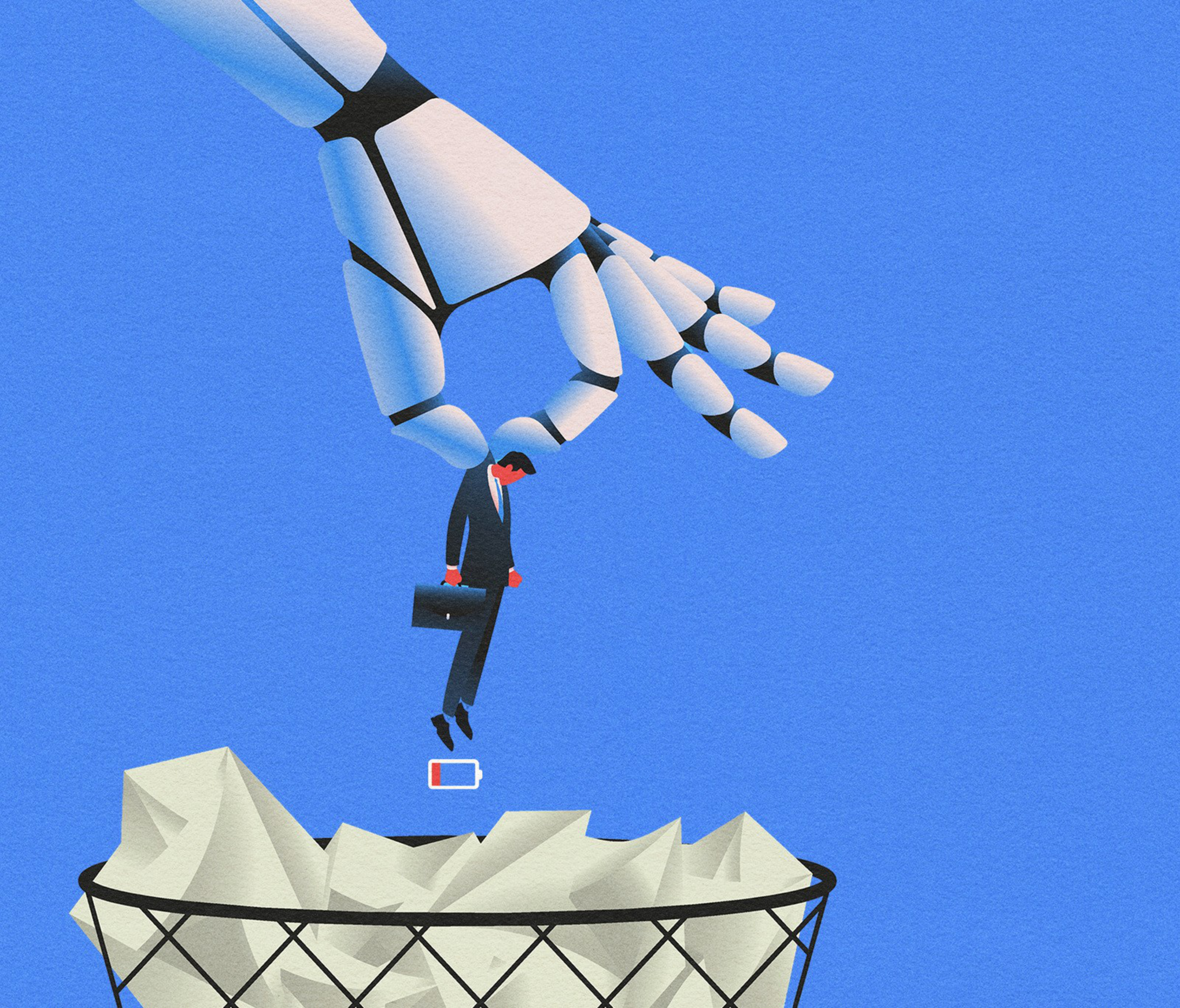 An illustration of a man being picked up and thrown into the trash by a robot hand