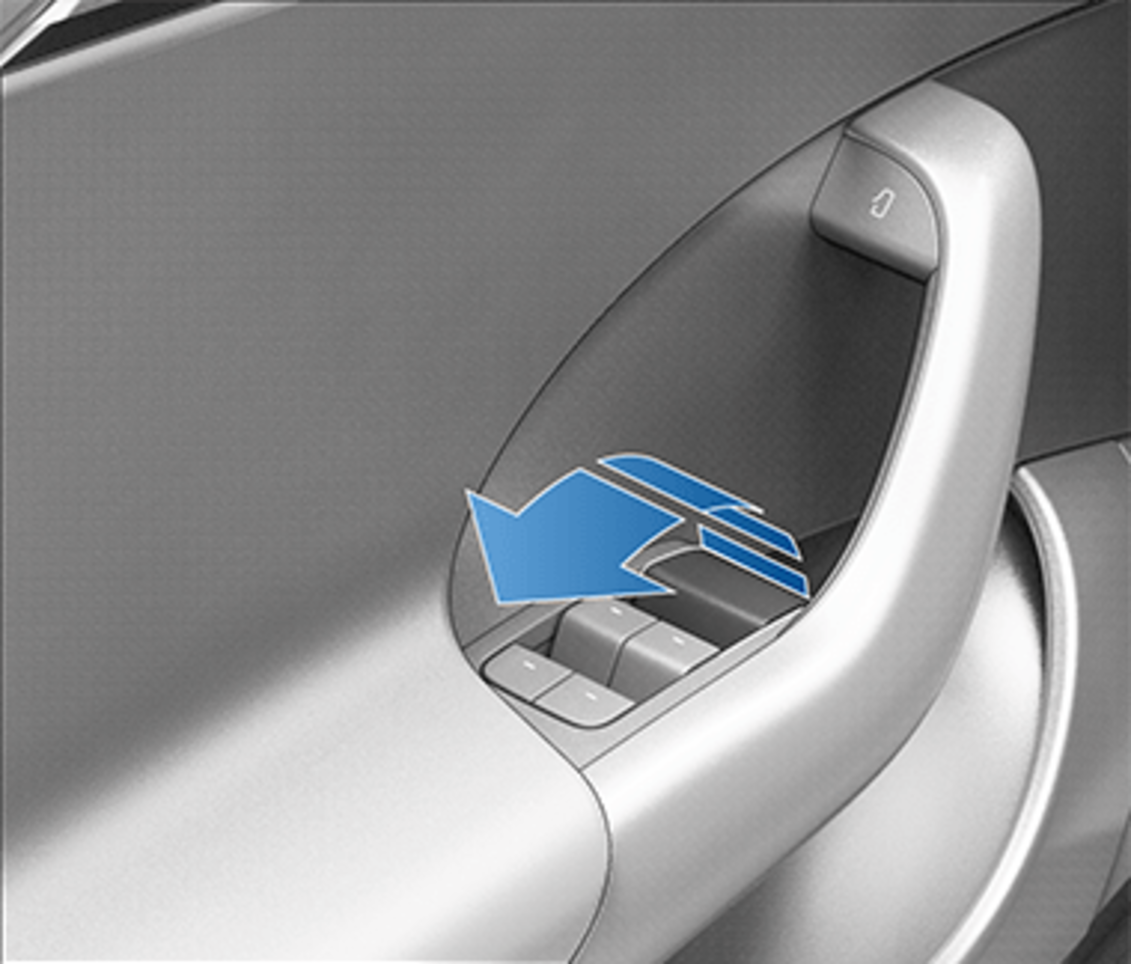 A car door handle with window control buttons, highlighted by a blue arrow pointing downward on the buttons.