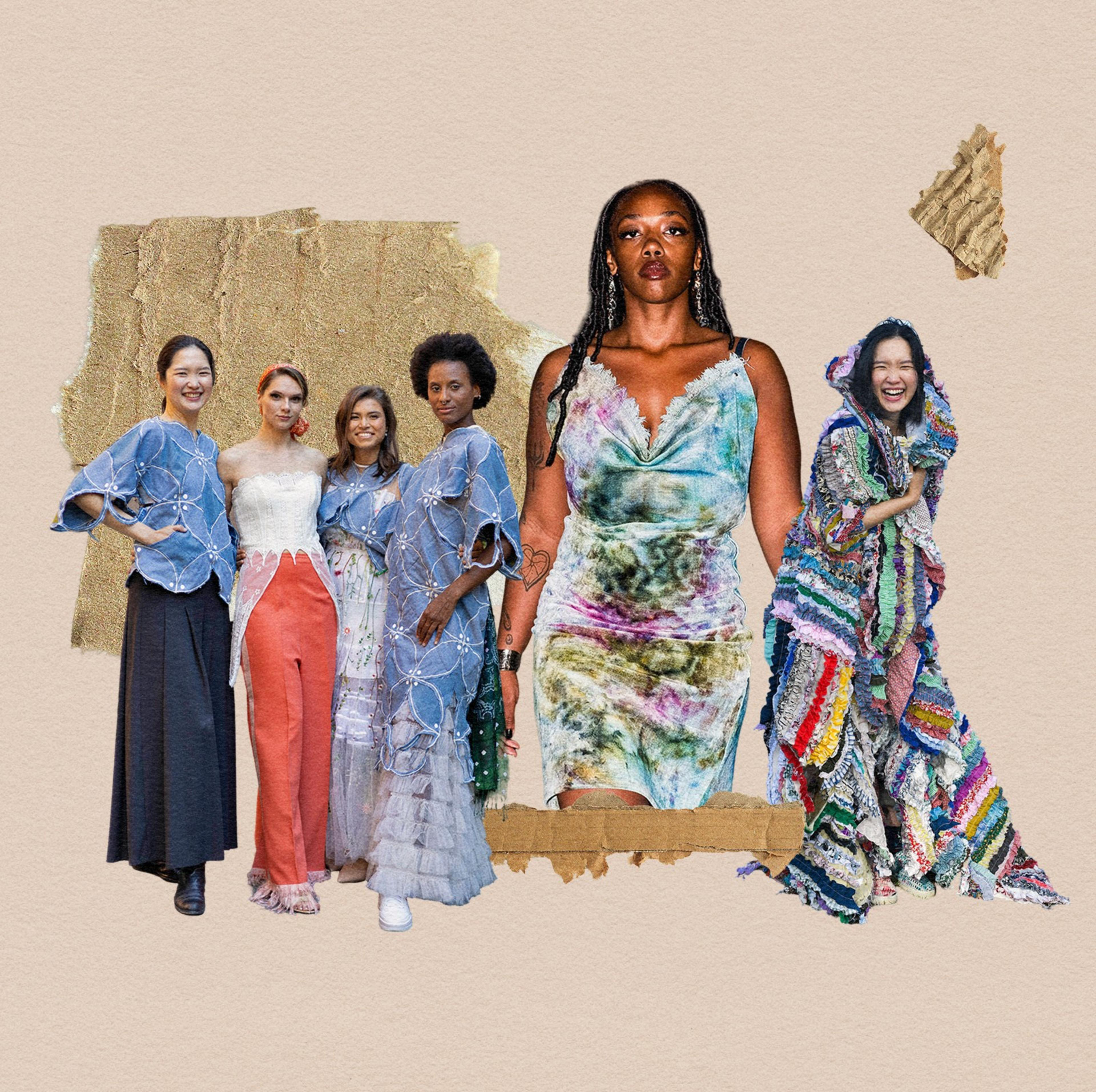 A photo collage of six women wearing clothing made of trash