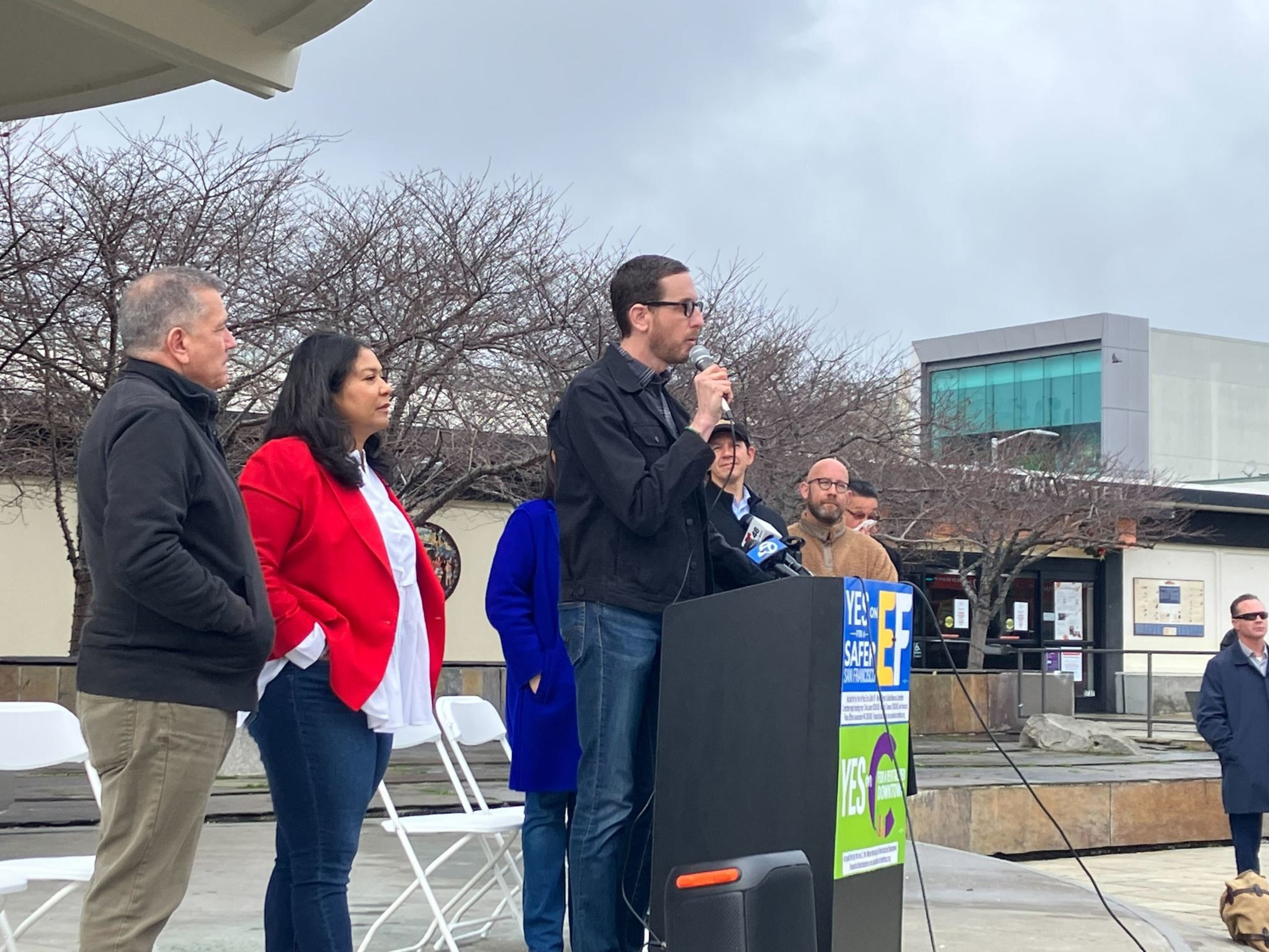 State Sen. Scott Weiner addresses the crowd during the launching of campaigns for Propositions C, E and F on Saturday, Jan. 6, 2024.