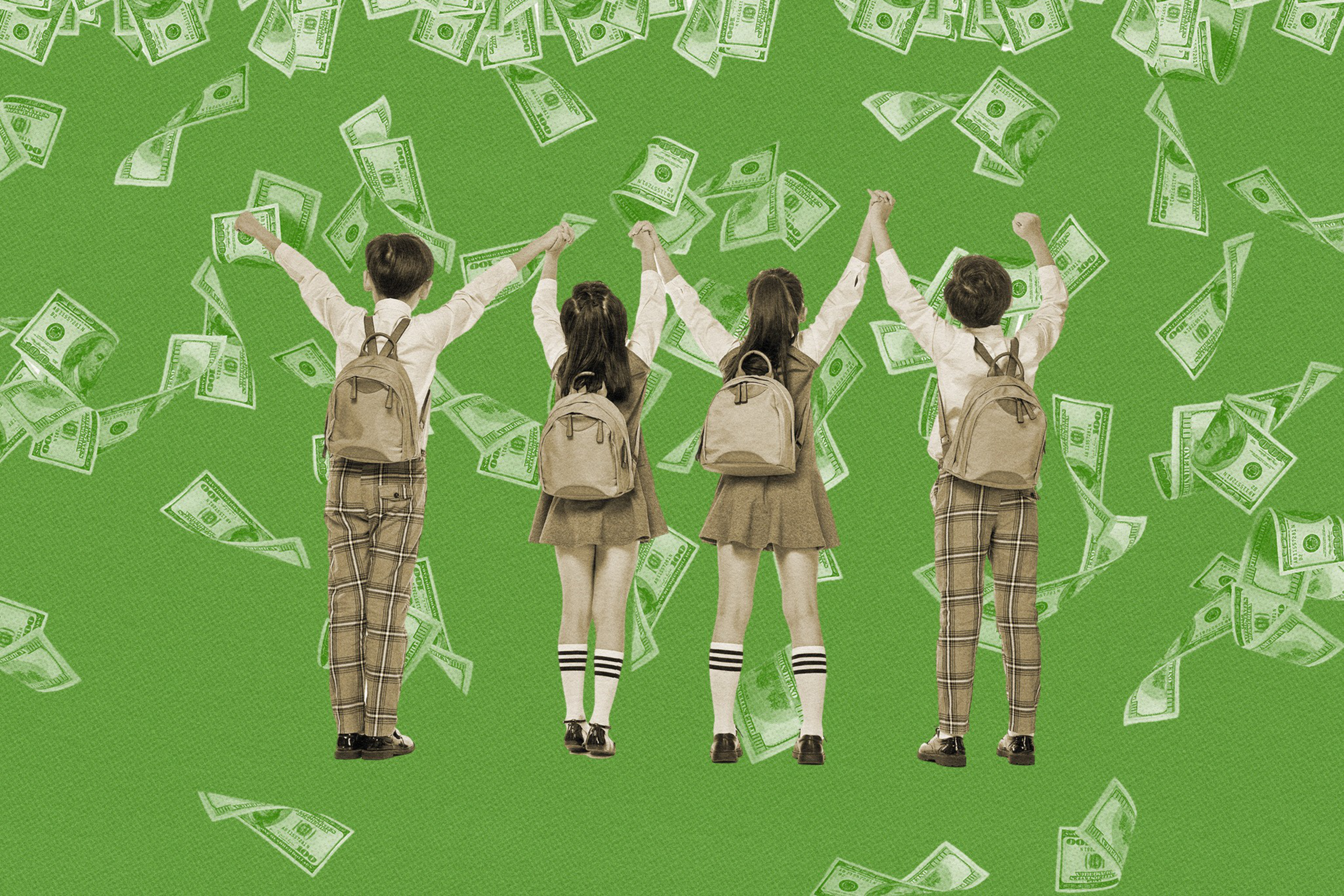 Four children in school clothes with money falling