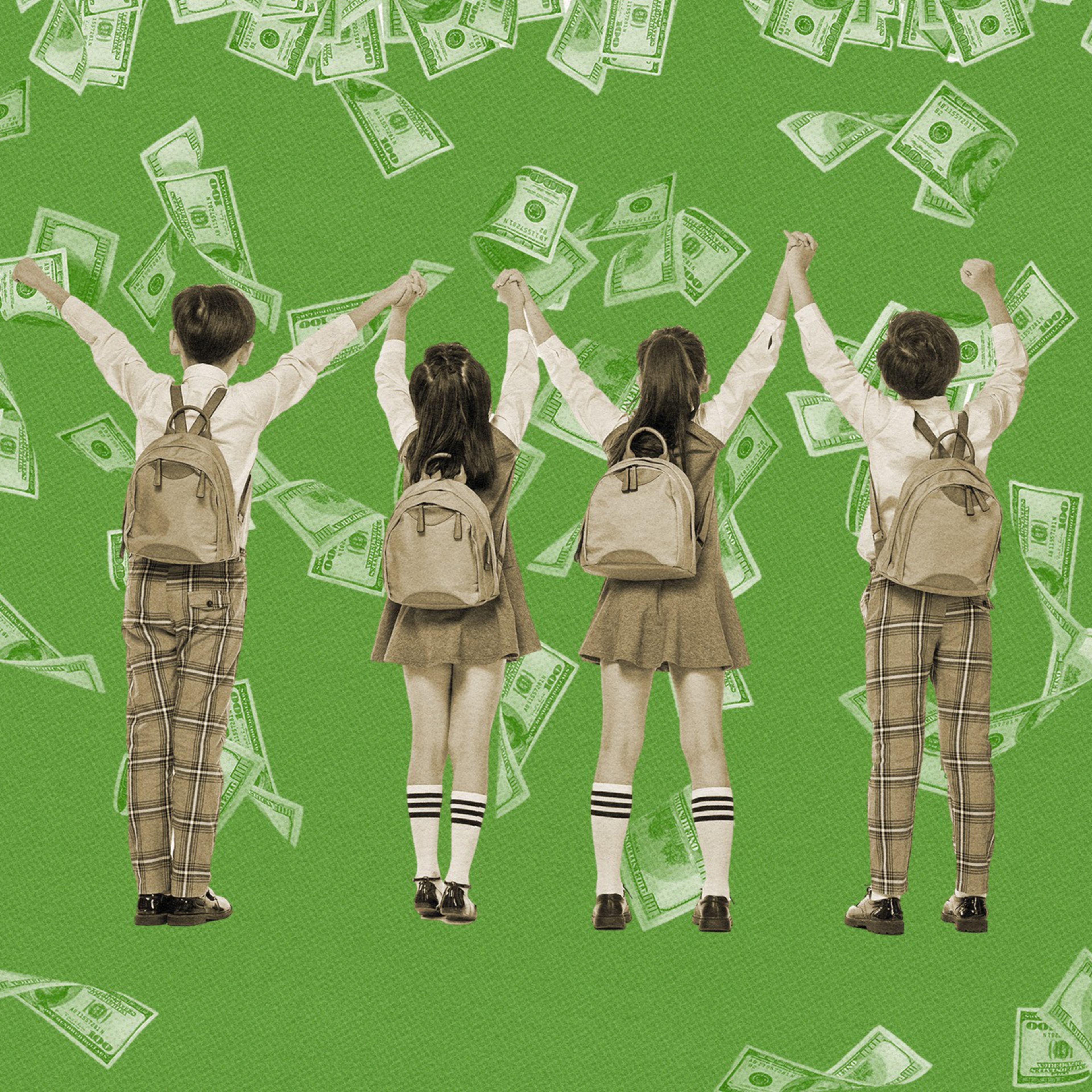 Four children in school clothes with money falling