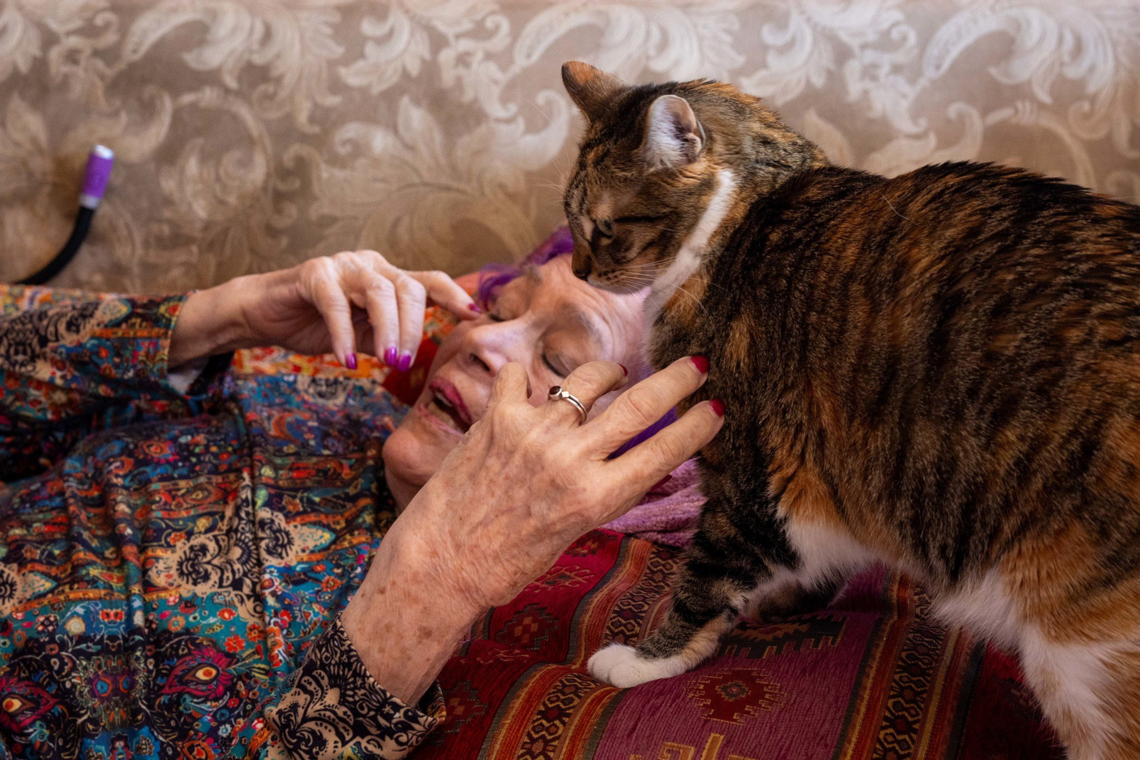 An elderly woman with purple hair lies on a patterned blanket, gently touching her face as a tabby cat stands next to her, leaning in close.
