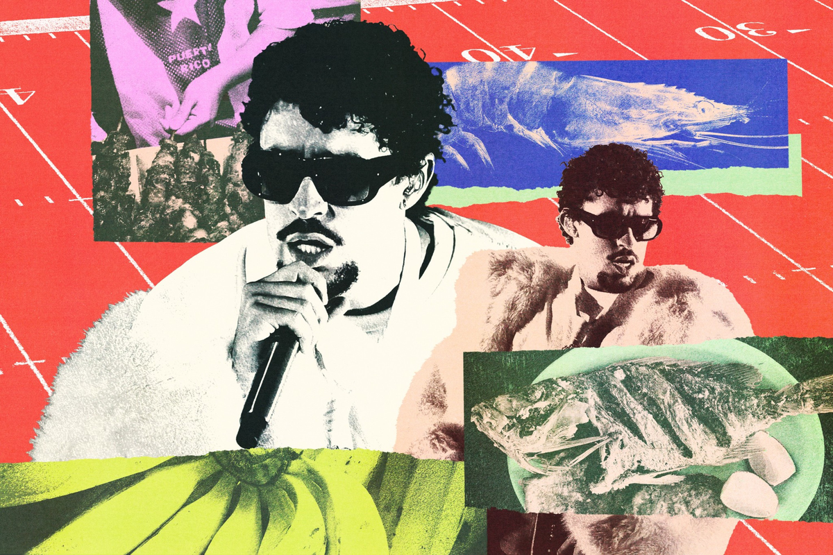 A collage features a man with curly hair and sunglasses holding a microphone, a shrimp, a fish skeleton, bananas, and a red running track background.