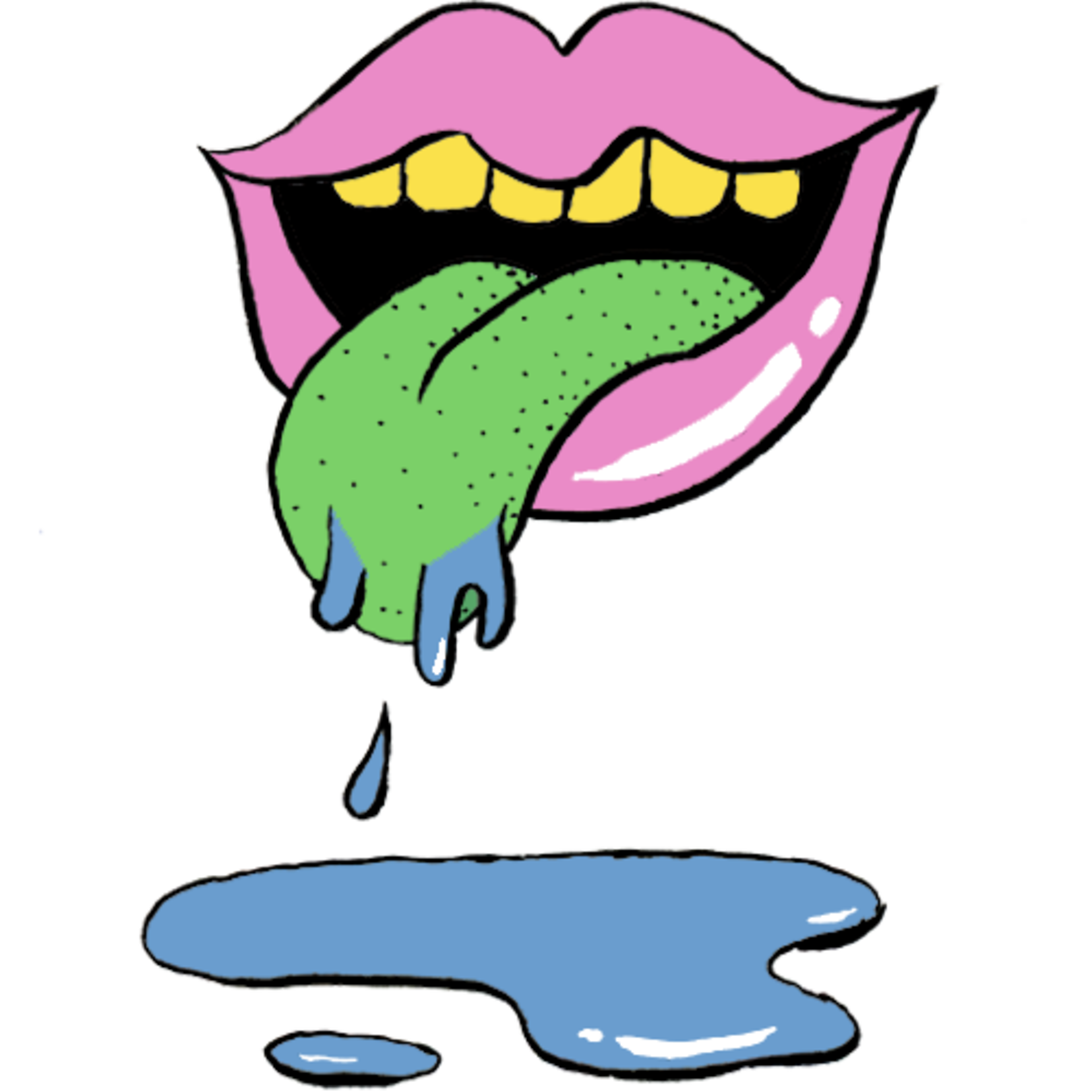 Bright pink lips with yellow teeth have a green, speckled tongue dripping thick blue liquid onto a blue puddle below.