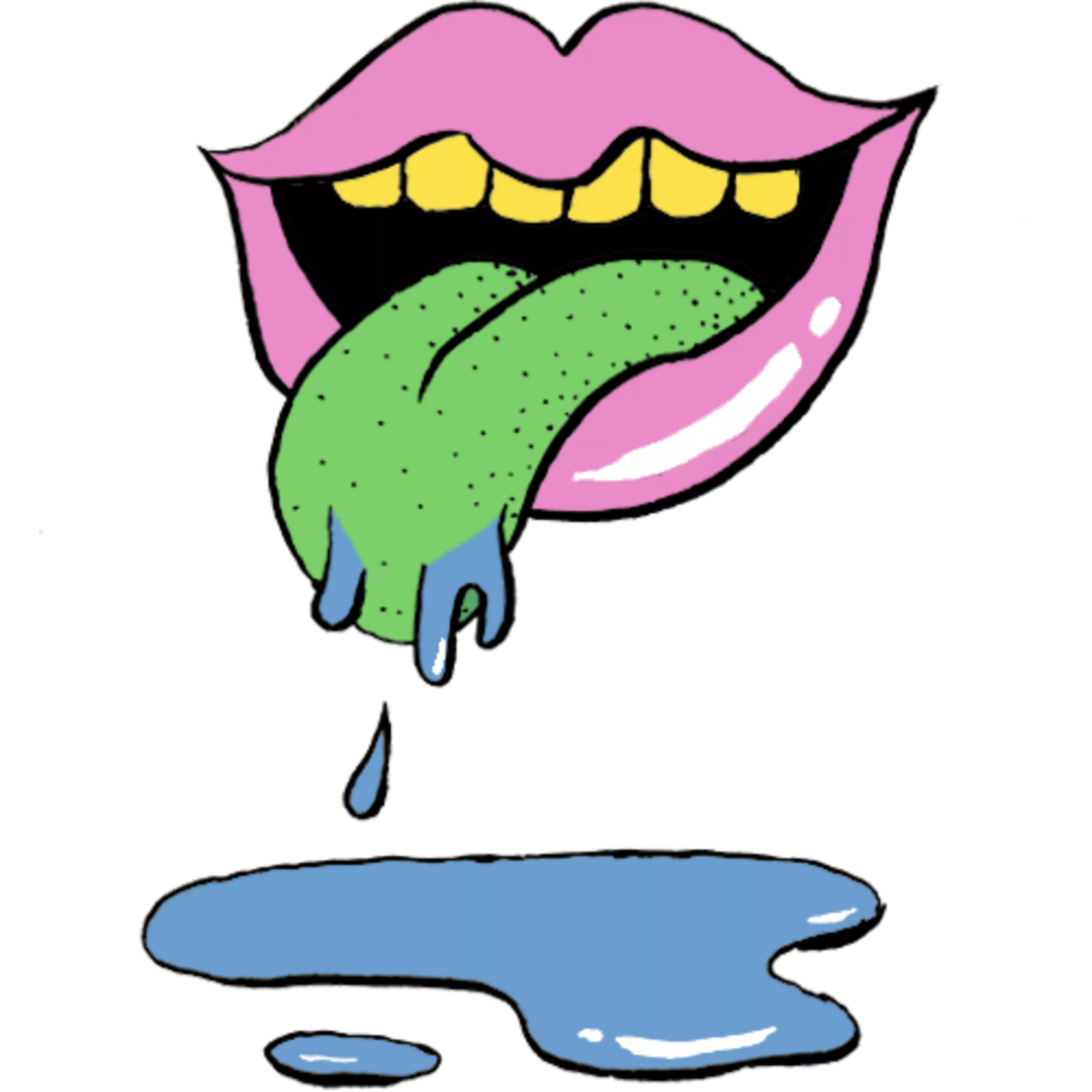 Bright pink lips with yellow teeth have a green, speckled tongue dripping thick blue liquid onto a blue puddle below.